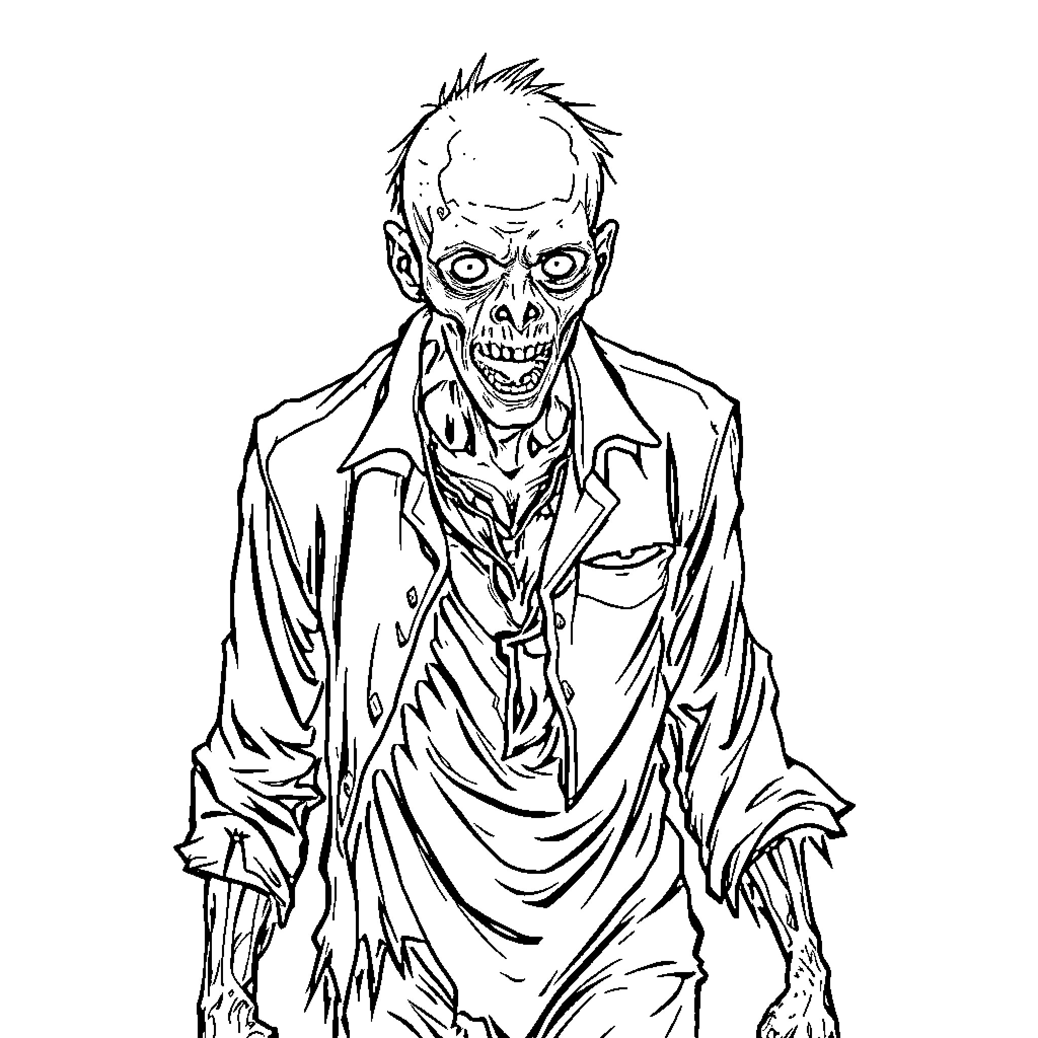 Zombie businessman in tattered suit Coloring Page (free black-and-white line drawing printable PDF for all, from beginners to advanced learners, including children, teens, adults, and seniors)
