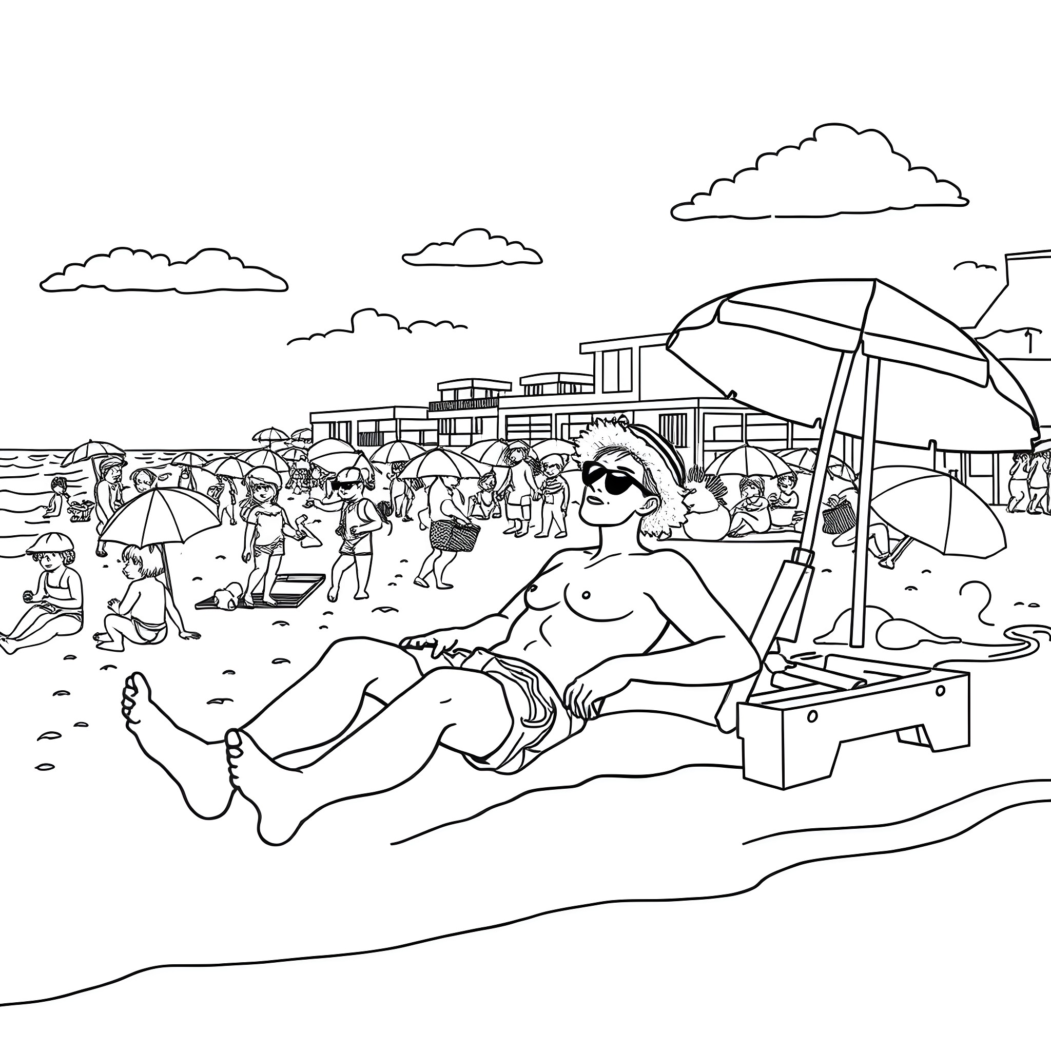 Beach Scene with People and Umbrellas Coloring Page (free black-and-white line drawing printable PDF for all, from beginners to advanced learners, including children, teens, adults, and seniors)