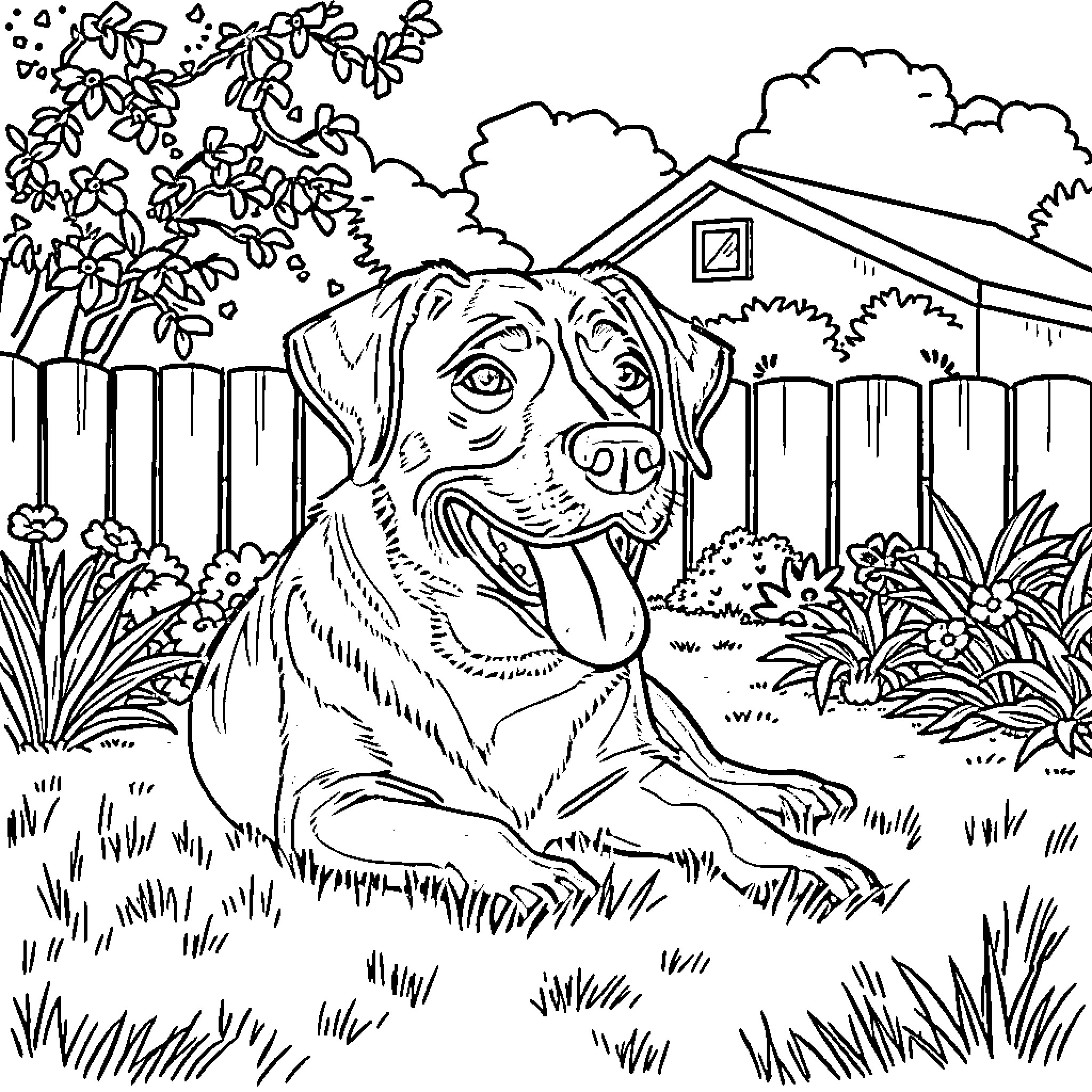 Lab Dog Resting in Backyard Garden Coloring Page (free black-and-white line drawing printable PDF for all, from beginners to advanced learners, including children, teens, adults, and seniors)