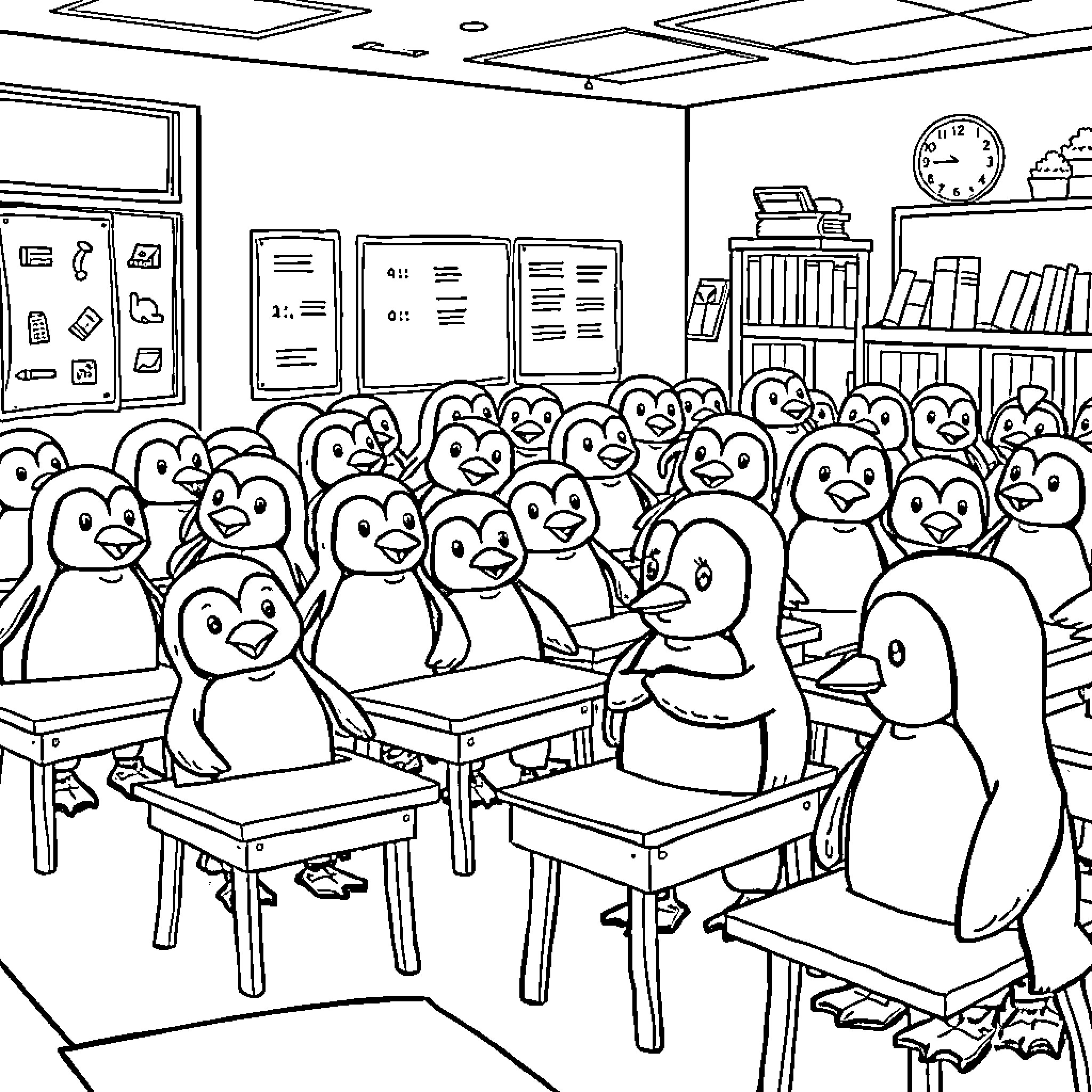 Penguins in a Classroom Setting Coloring Page (free black-and-white line drawing printable PDF for all, from beginners to advanced learners, including children, teens, adults, and seniors)