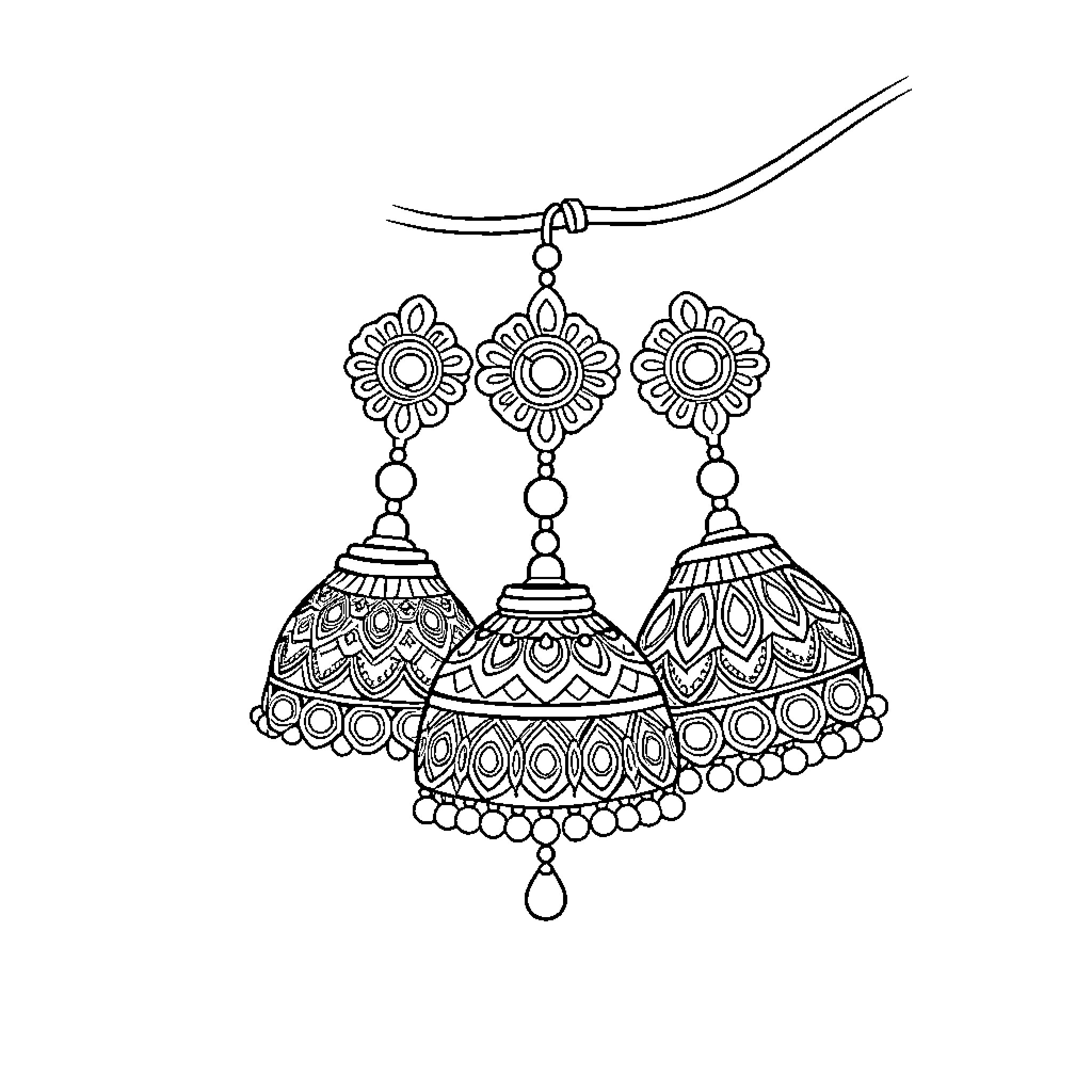 Jhumka Earrings with Intricate Designs Coloring Page (free black-and-white line drawing printable PDF for all, from beginners to advanced learners, including children, teens, adults, and seniors)
