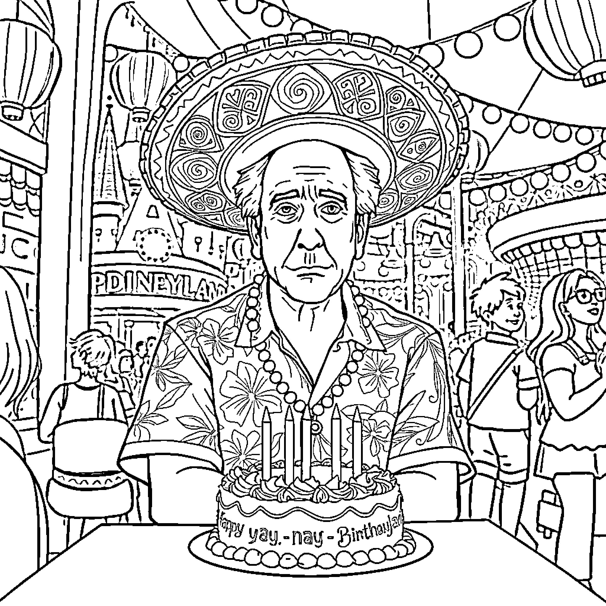 Nicolas Cage celebrates his birthday in a colorful carnival setting Coloring Page (free black-and-white line drawing printable PDF for all, from beginners to advanced learners, including children, teens, adults, and seniors)