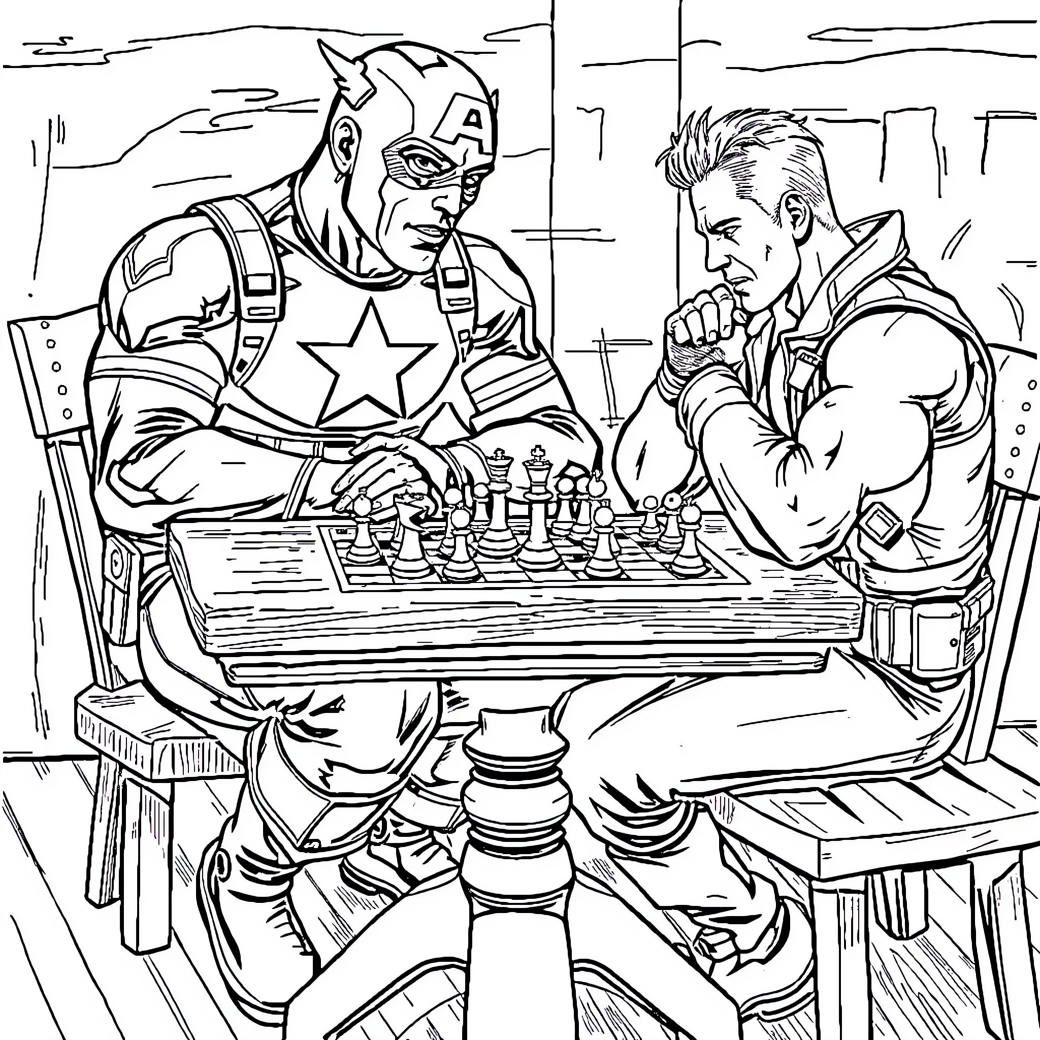Captain America playing chess with a fellow hero Coloring Page (free black-and-white line drawing printable PDF for all, from beginners to advanced learners, including children, teens, adults, and seniors)