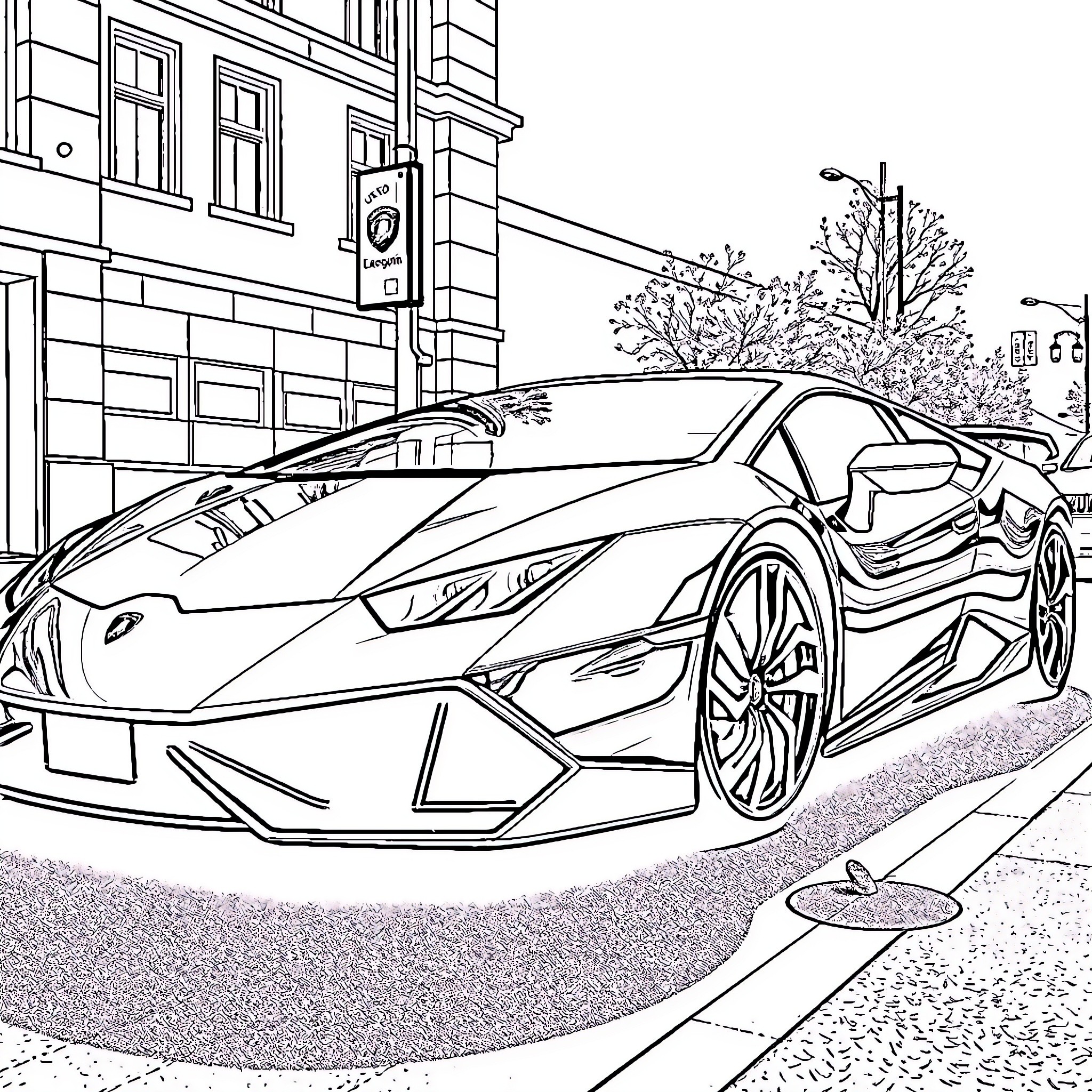 Lamborghini luxury sports car on city street Coloring Page (free black-and-white line drawing printable PDF for all, from beginners to advanced learners, including children, teens, adults, and seniors)