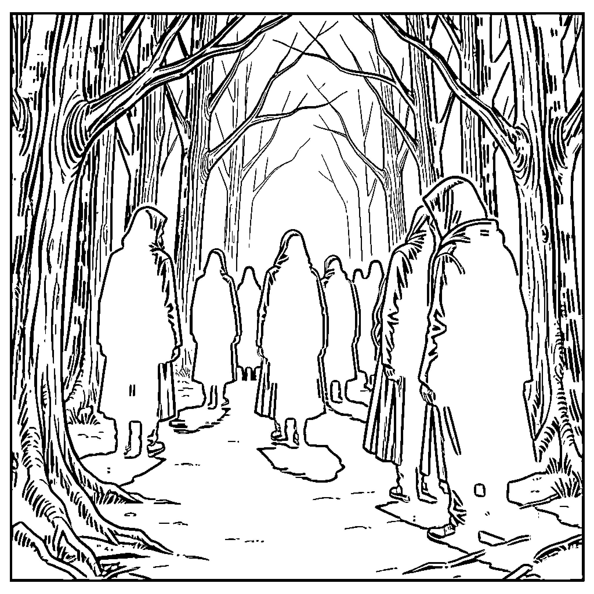 Shadow People walking through a dense forest Coloring Page (free black-and-white line drawing printable PDF for all, from beginners to advanced learners, including children, teens, adults, and seniors)