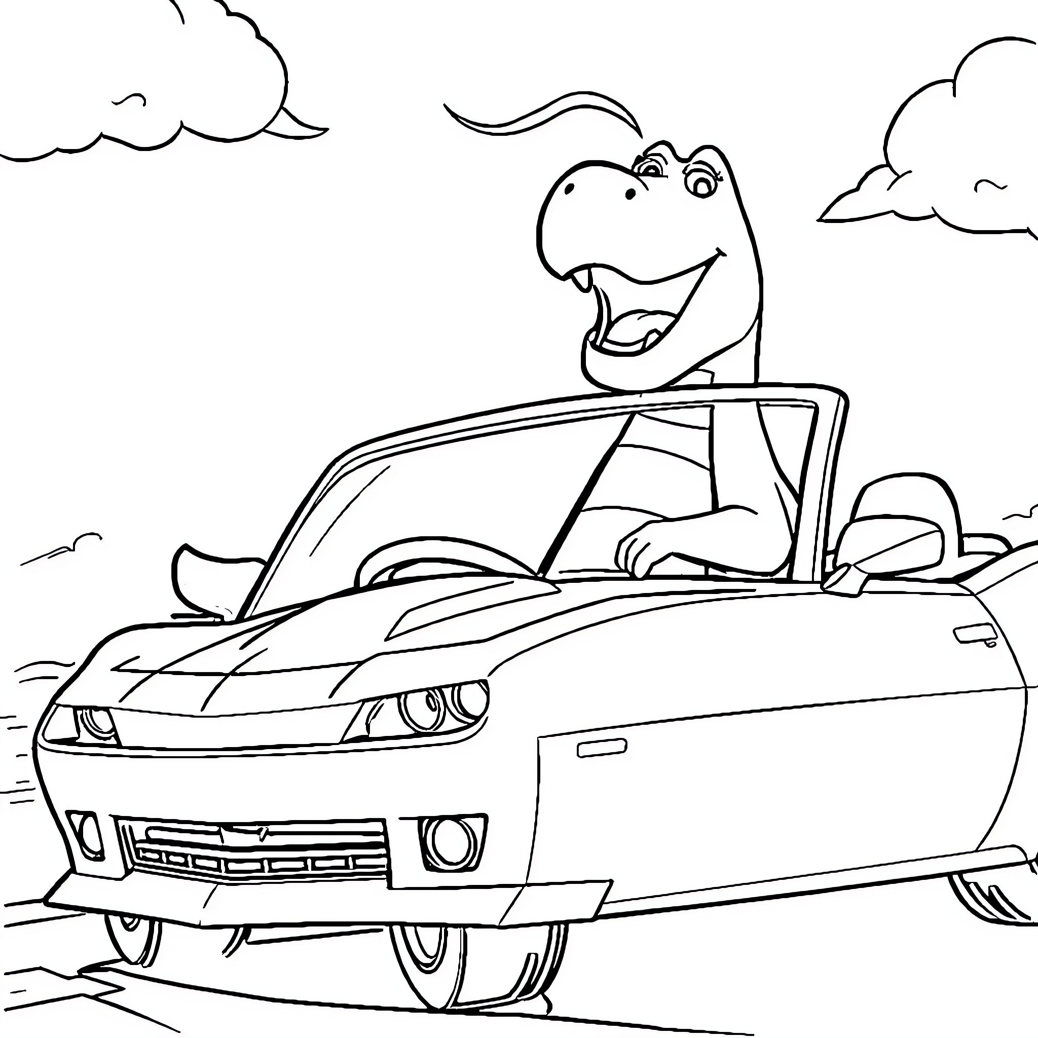 Barney driving a fast car happily on the road Coloring Page (free black-and-white line drawing printable PDF for all, from beginners to advanced learners, including children, teens, adults, and seniors)