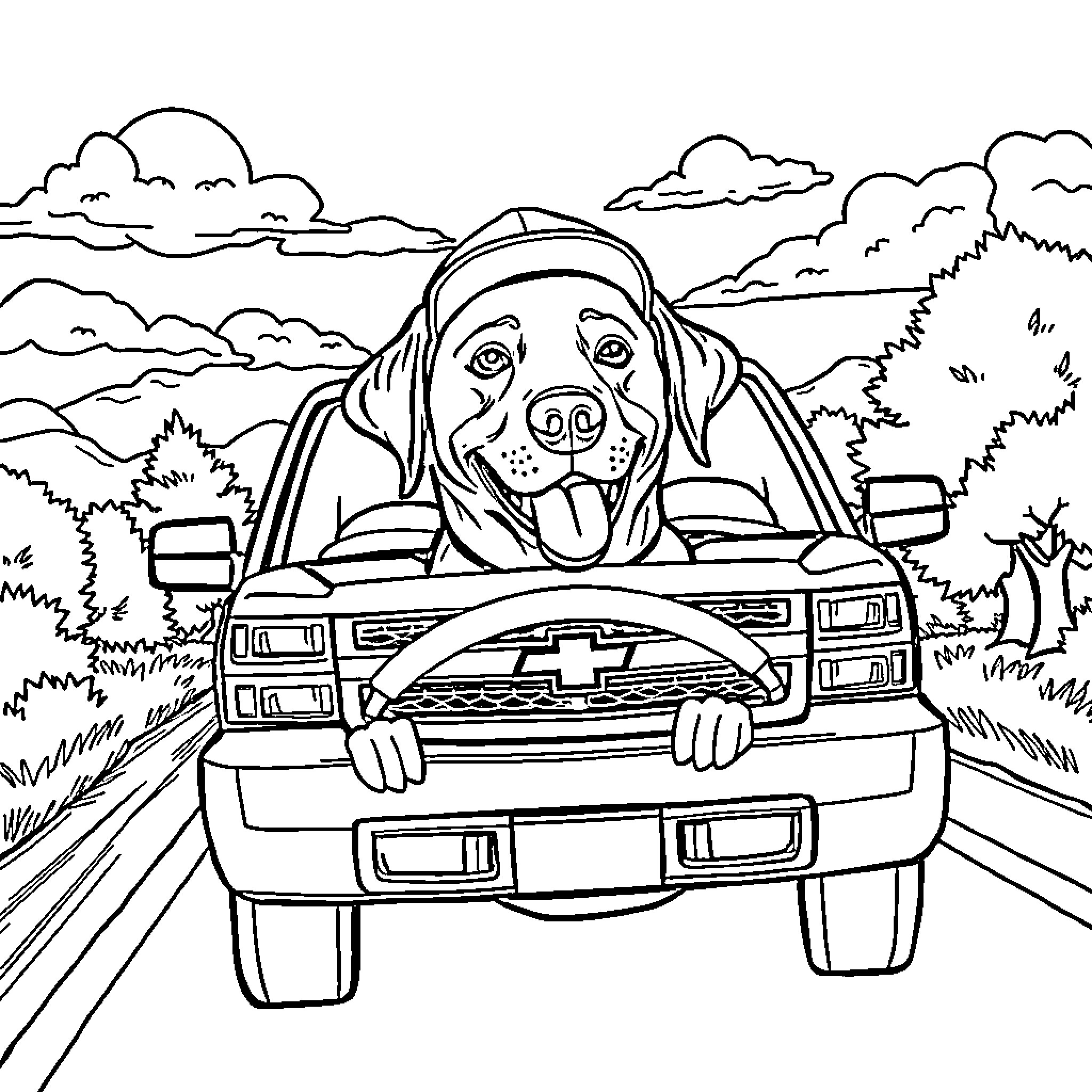 Labrador riding happily in pickup truck on the road Coloring Page (free black-and-white line drawing printable PDF for all, from beginners to advanced learners, including children, teens, adults, and seniors)