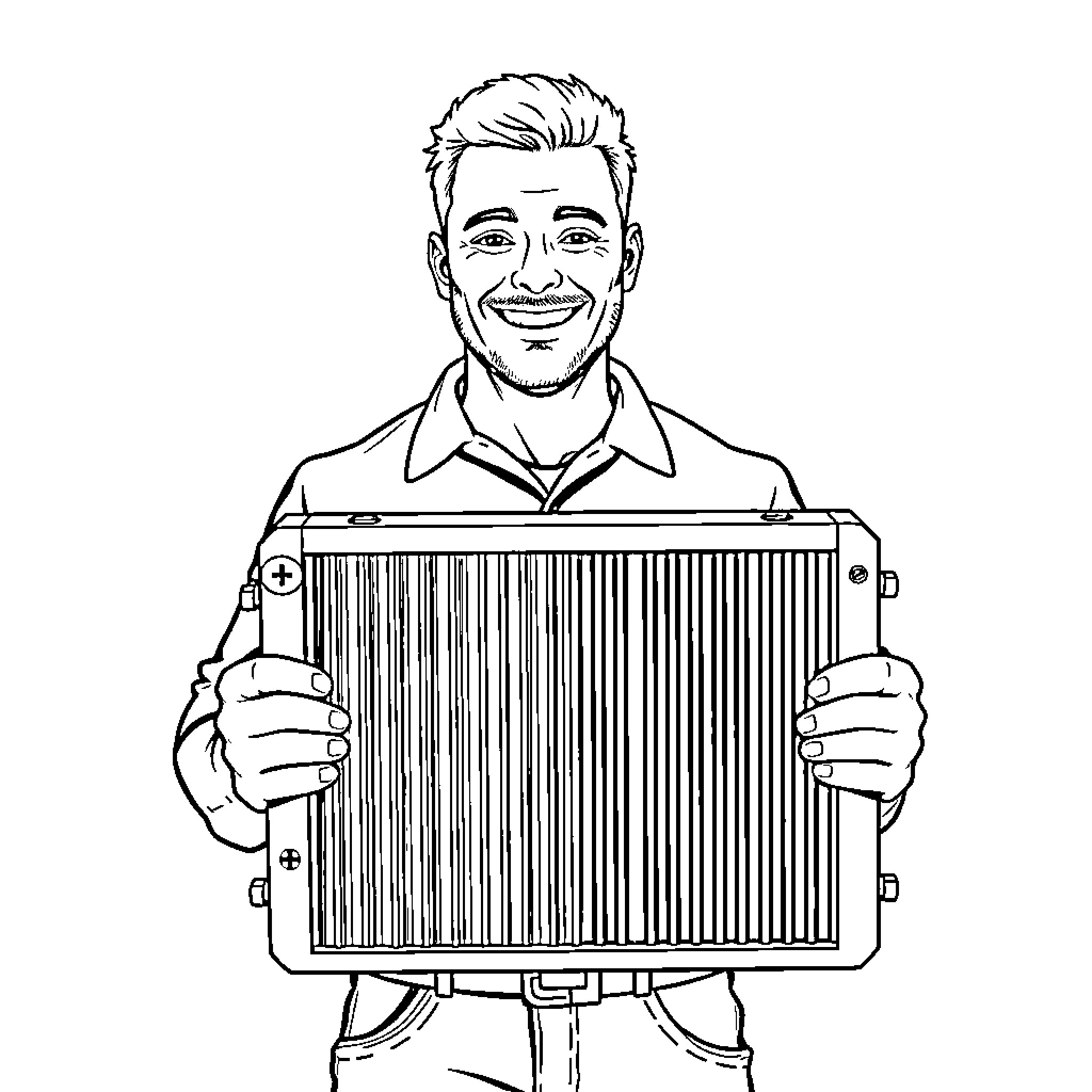 Man holding barcode scanner with a cheerful expression Coloring Page (free black-and-white line drawing printable PDF for all, from beginners to advanced learners, including children, teens, adults, and seniors)