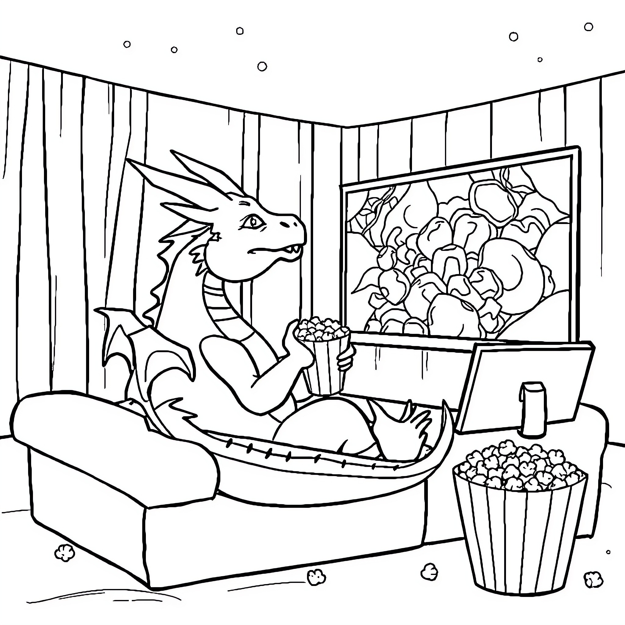 Dragon relaxing on couch, watching movie with popcorn Coloring Page (free black-and-white line drawing printable PDF for all, from beginners to advanced learners, including children, teens, adults, and seniors)