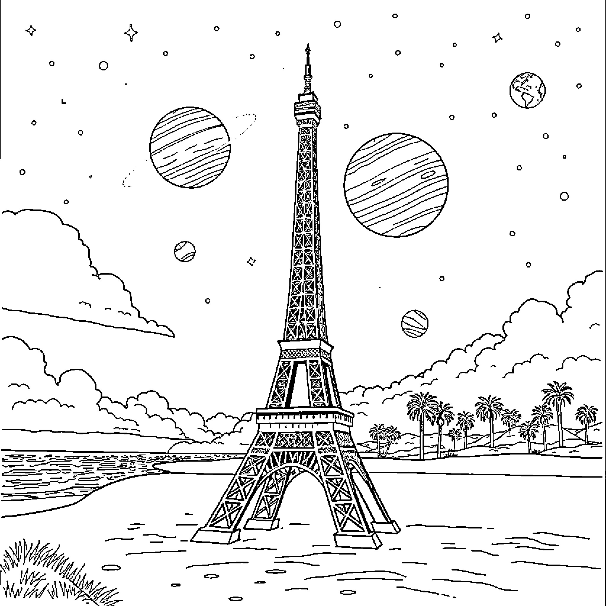 Eiffel Tower in Outer Space with Planets Coloring Page (free black-and-white line drawing printable PDF for all, from beginners to advanced learners, including children, teens, adults, and seniors)