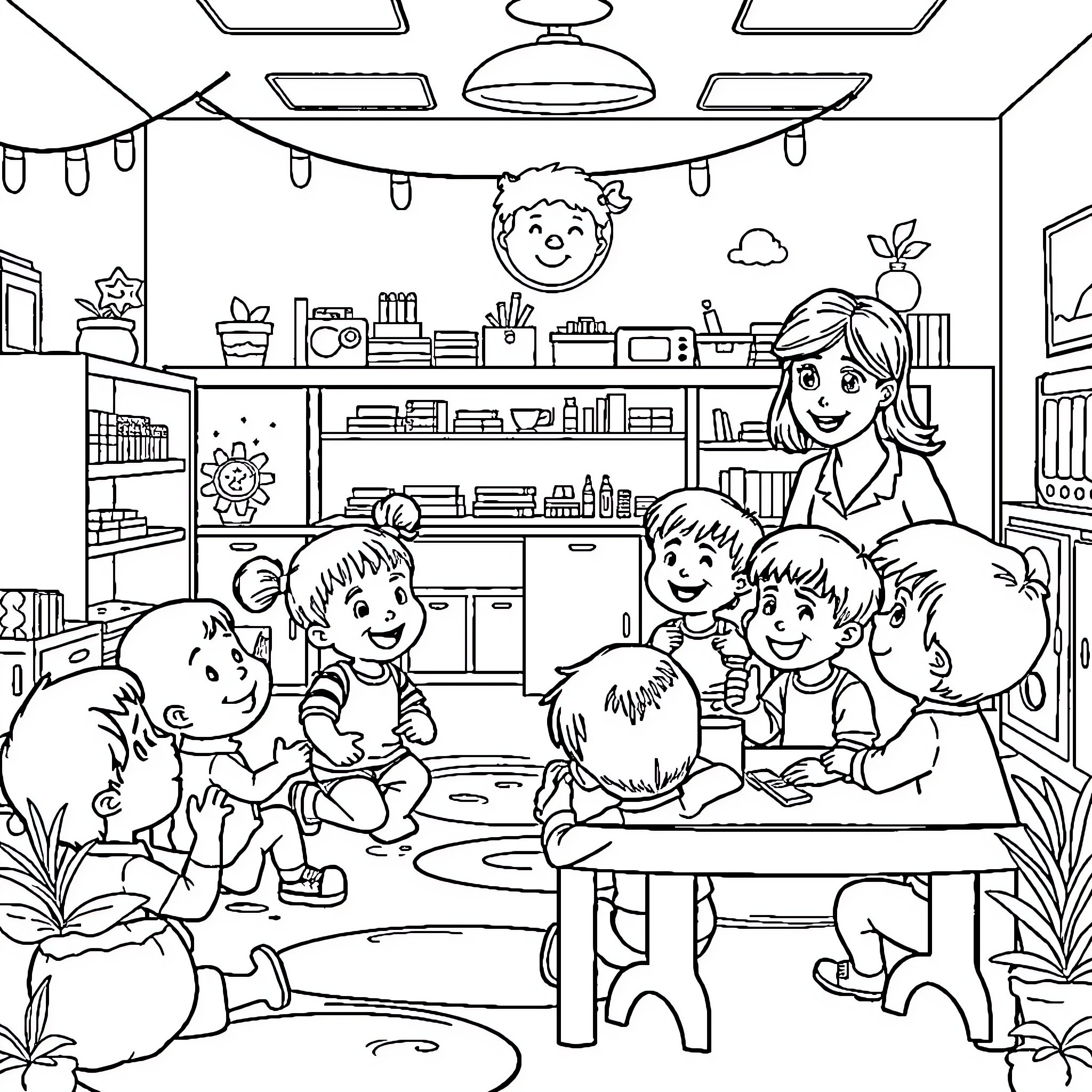 Classroom Scene with Students and Teacher Coloring Page (free black-and-white line drawing printable PDF for all, from beginners to advanced learners, including children, teens, adults, and seniors)