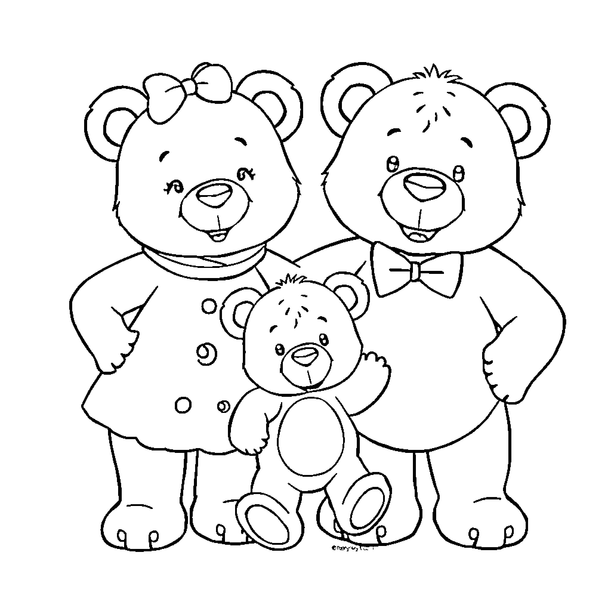 Teddybears in formal outfits Coloring Page (free black-and-white line drawing printable PDF for all, from beginners to advanced learners, including children, teens, adults, and seniors)