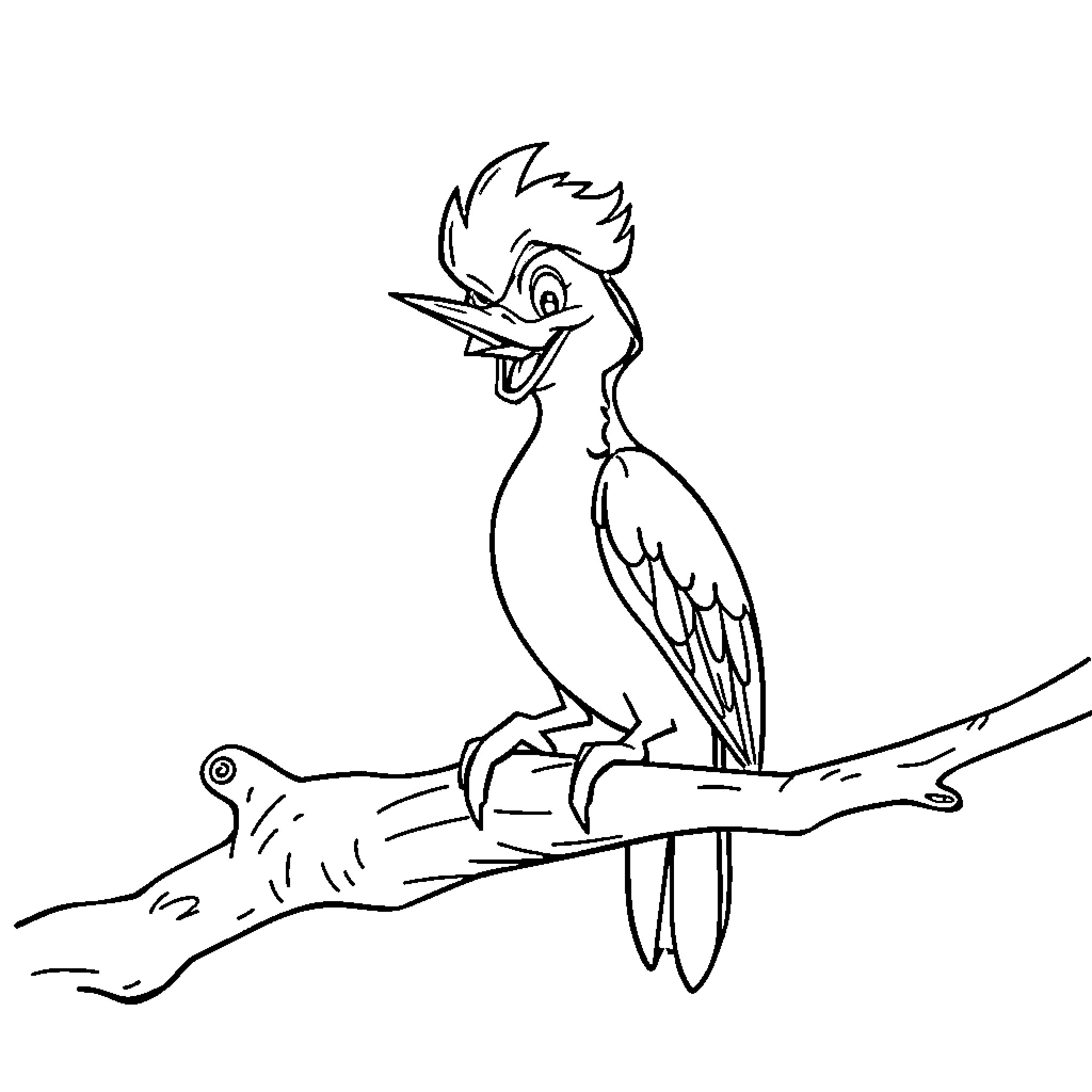 Woody Woodpecker perching on a branch Coloring Page (free black-and-white line drawing printable PDF for all, from beginners to advanced learners, including children, teens, adults, and seniors)