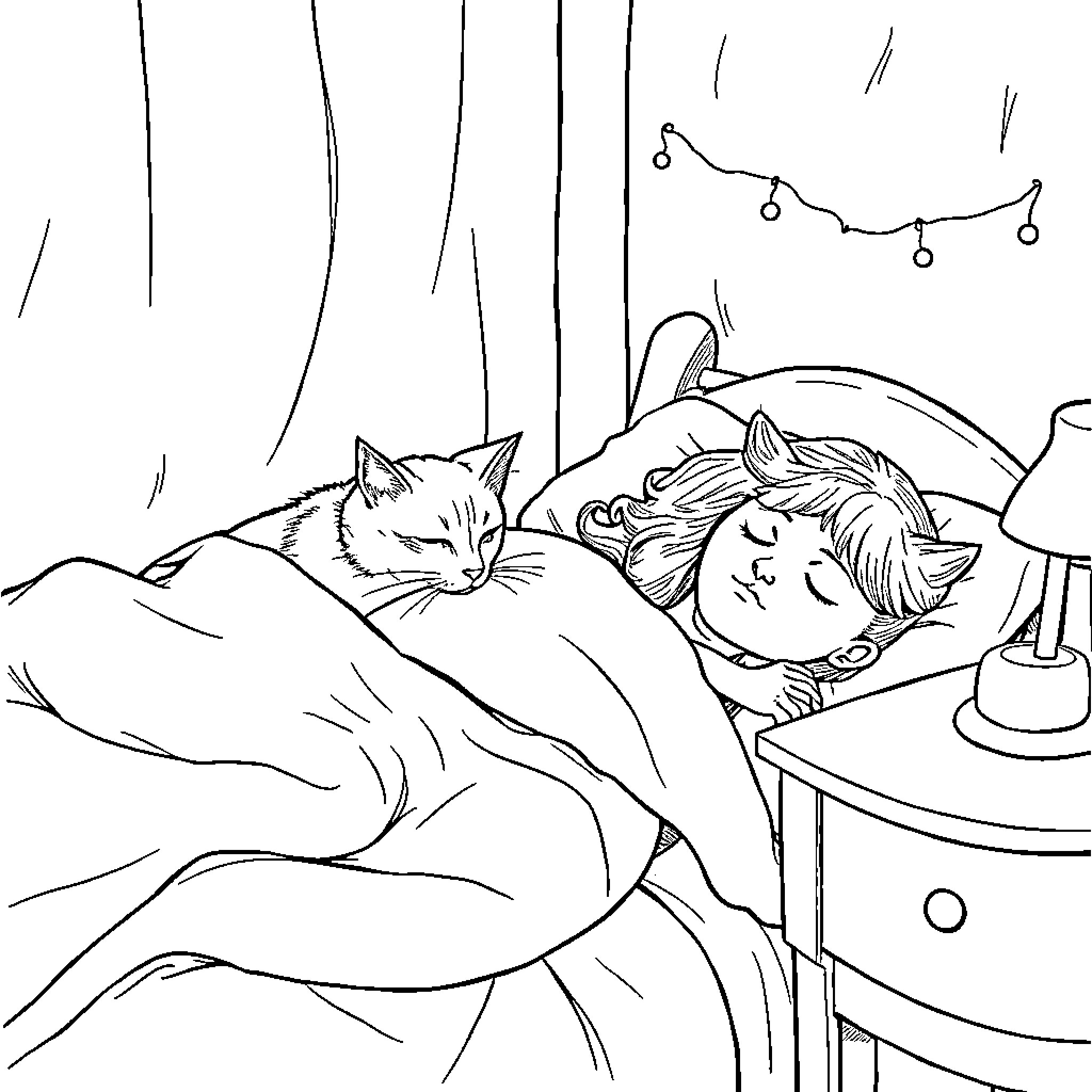 Cat keeping sleeping human company Coloring Page (free black-and-white line drawing printable PDF for all, from beginners to advanced learners, including children, teens, adults, and seniors)