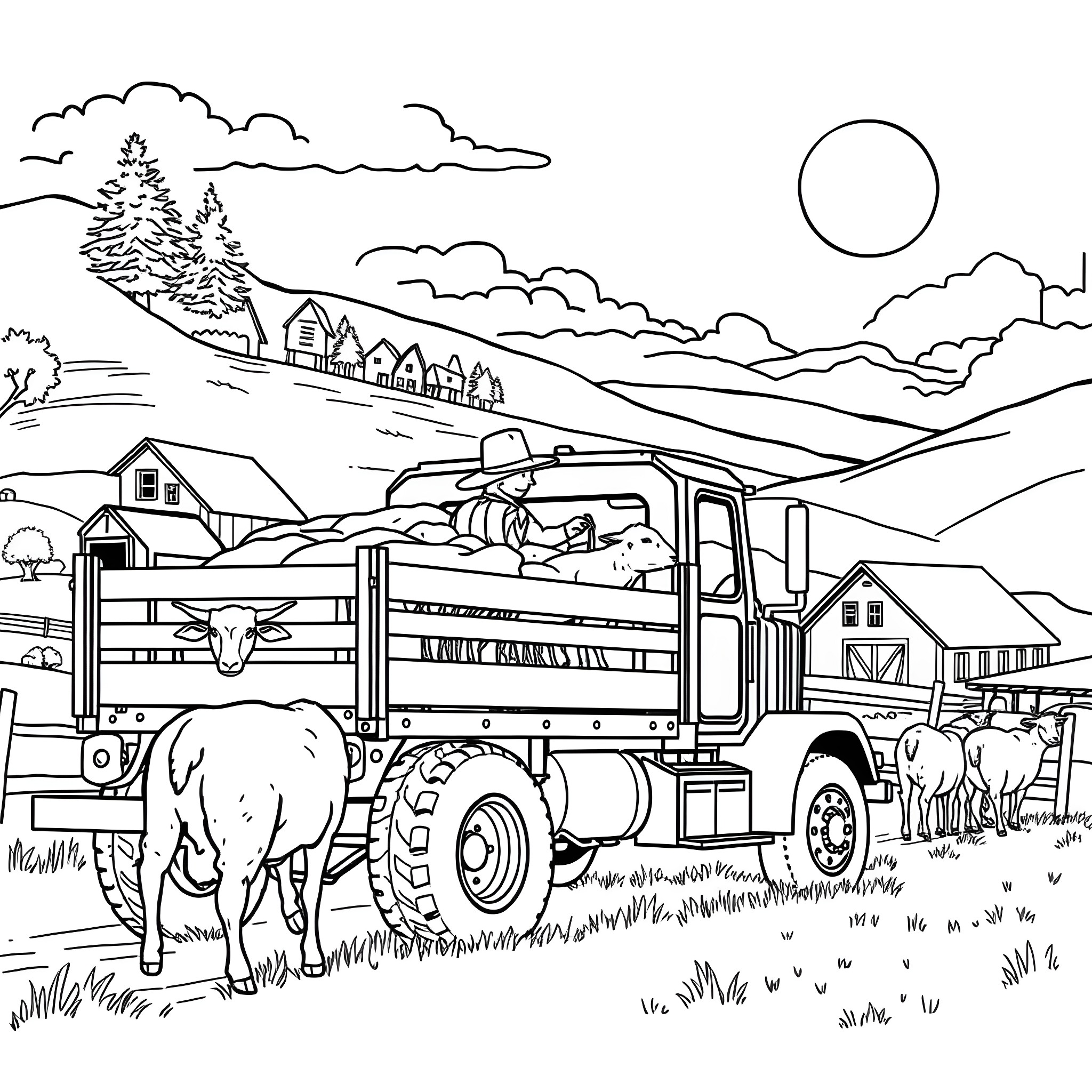 Pickup carrying farm animals on a rural landscape Coloring Page (free black-and-white line drawing printable PDF for all, from beginners to advanced learners, including children, teens, adults, and seniors)