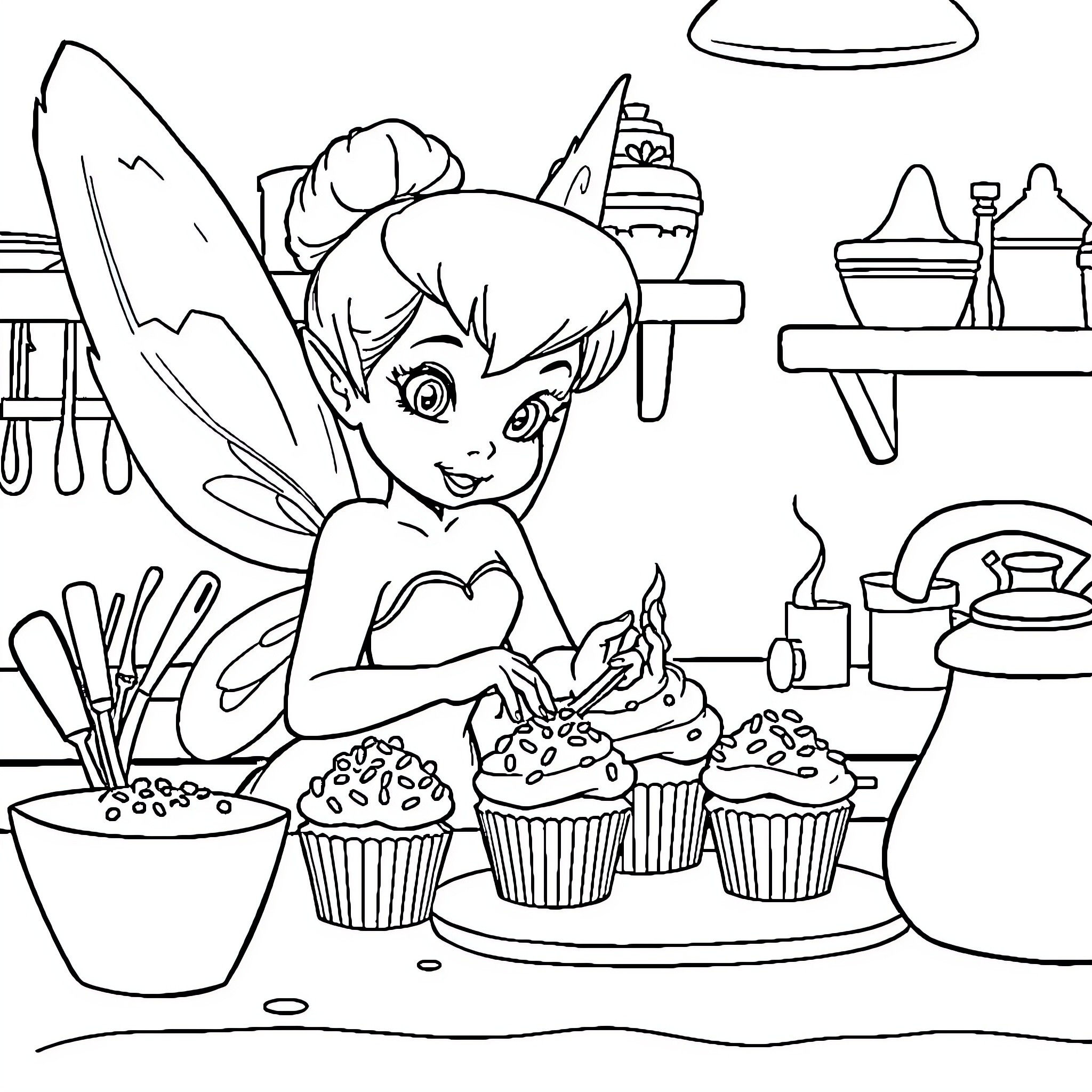 Tinkerbell baking delicious cupcakes in the kitchen Coloring Page (free black-and-white line drawing printable PDF for all, from beginners to advanced learners, including children, teens, adults, and seniors)
