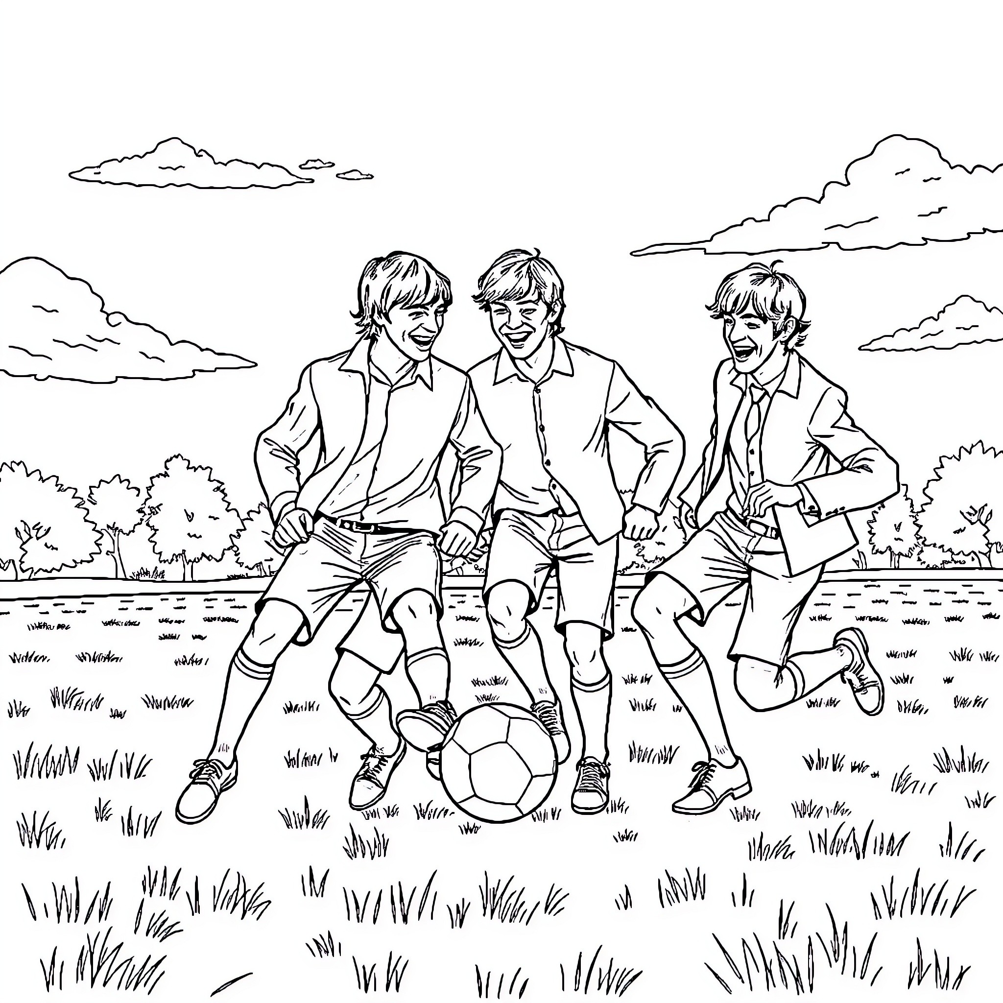 Beatles Playing Football in Scenic Outdoors Coloring Page (free black-and-white line drawing printable PDF for all, from beginners to advanced learners, including children, teens, adults, and seniors)