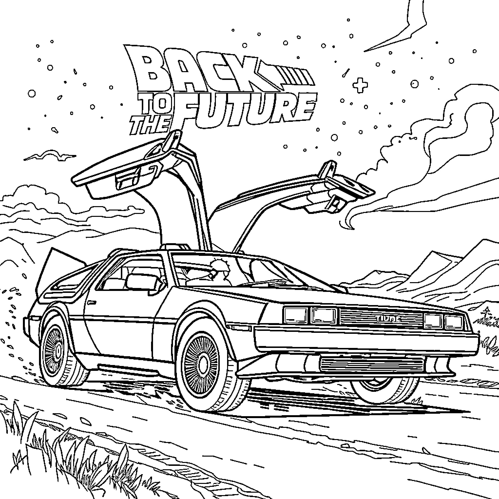 Back to the Future with flying car on the road Coloring Page (free black-and-white line drawing printable PDF for all, from beginners to advanced learners, including children, teens, adults, and seniors)