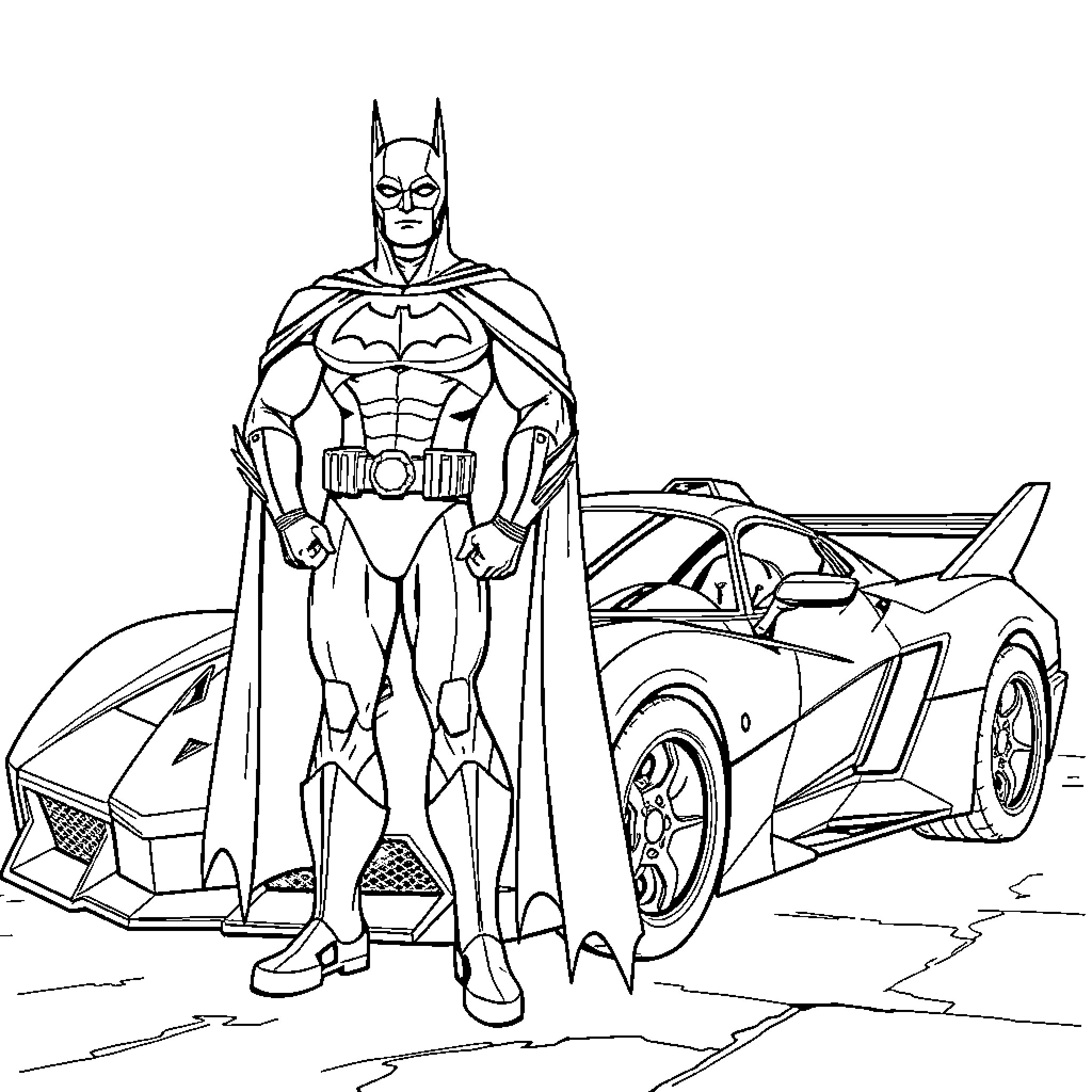 Batman standing heroically next to his futuristic vehicle Coloring Page (free black-and-white line drawing printable PDF for all, from beginners to advanced learners, including children, teens, adults, and seniors)