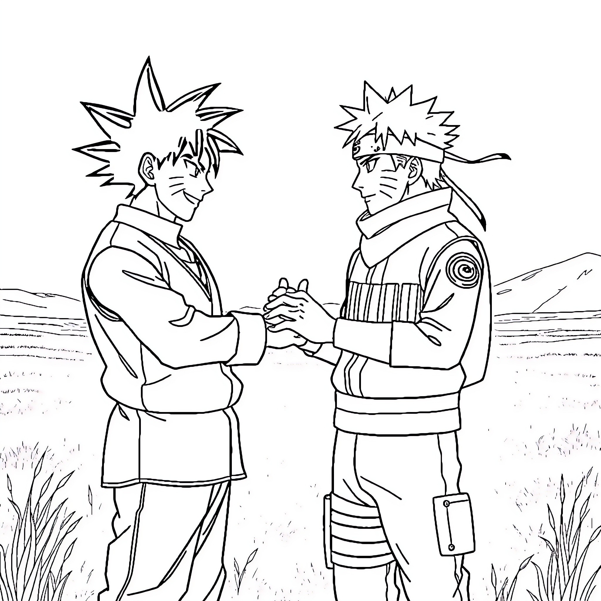 Goku and Naruto engage in a friendly handshake Coloring Page (free black-and-white line drawing printable PDF for all, from beginners to advanced learners, including children, teens, adults, and seniors)