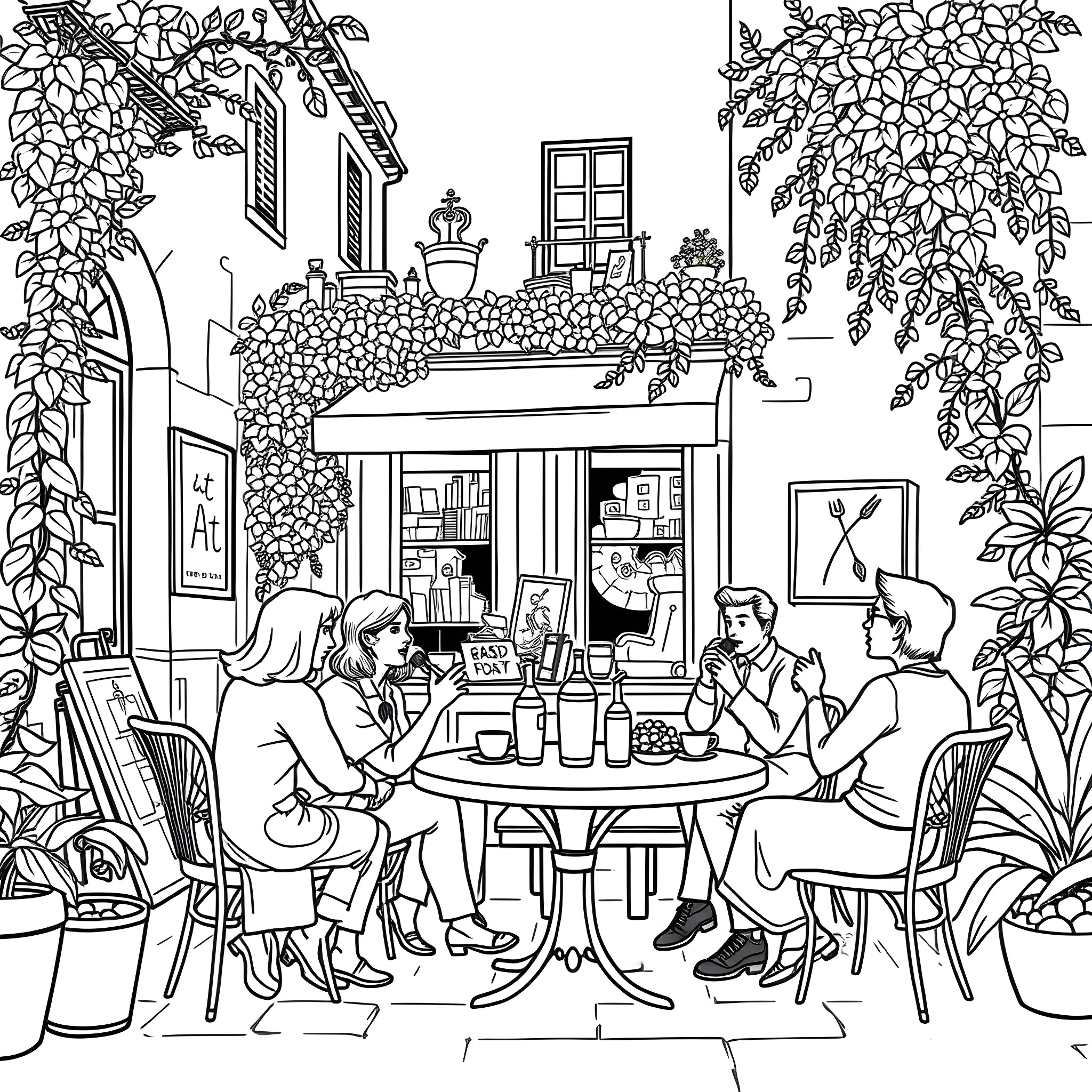Brain enjoying food and conversation in cozy cafe Coloring Page (free black-and-white line drawing printable PDF for all, from beginners to advanced learners, including children, teens, adults, and seniors)