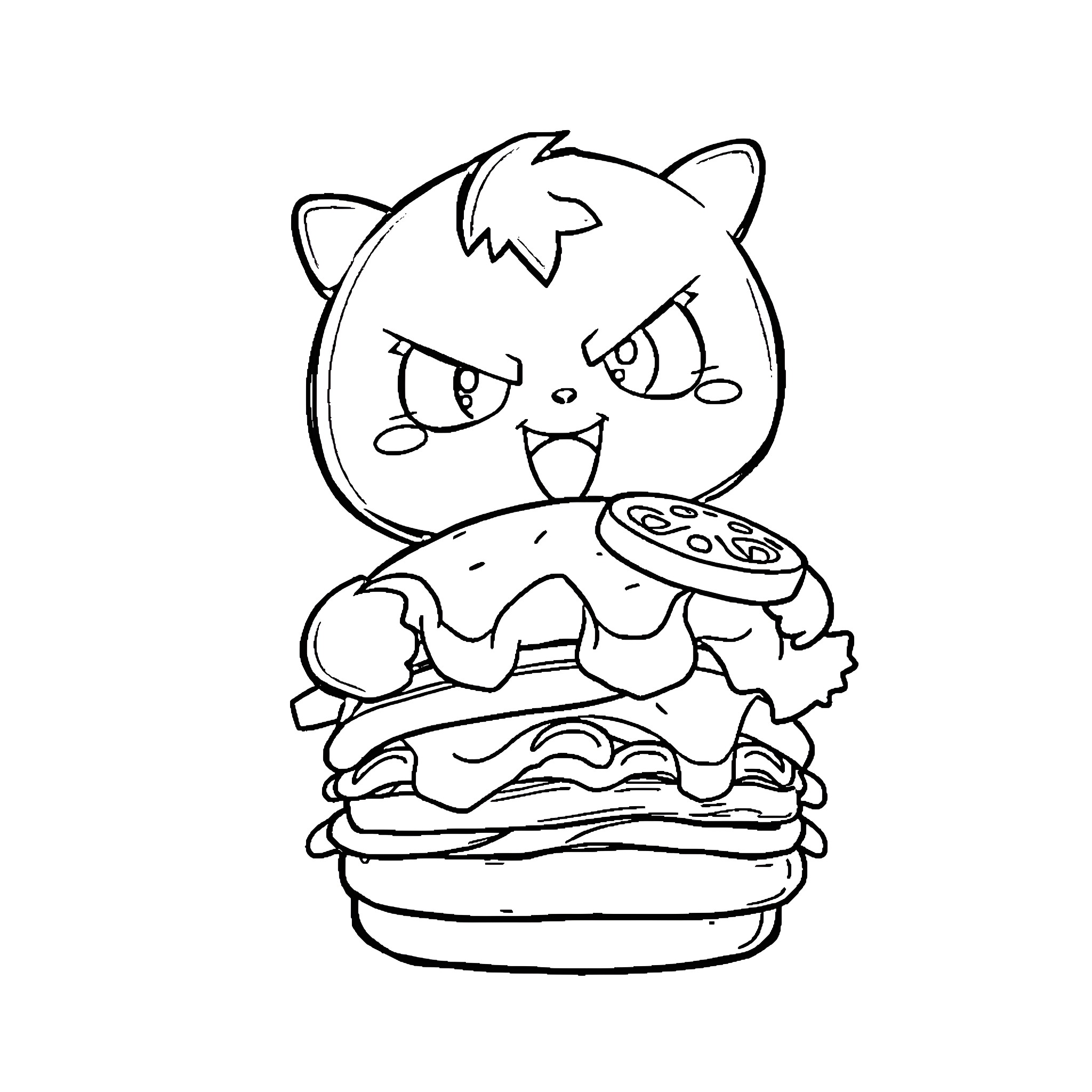 Kuromi enjoying a messy burger Coloring Page (free black-and-white line drawing printable PDF for all, from beginners to advanced learners, including children, teens, adults, and seniors)