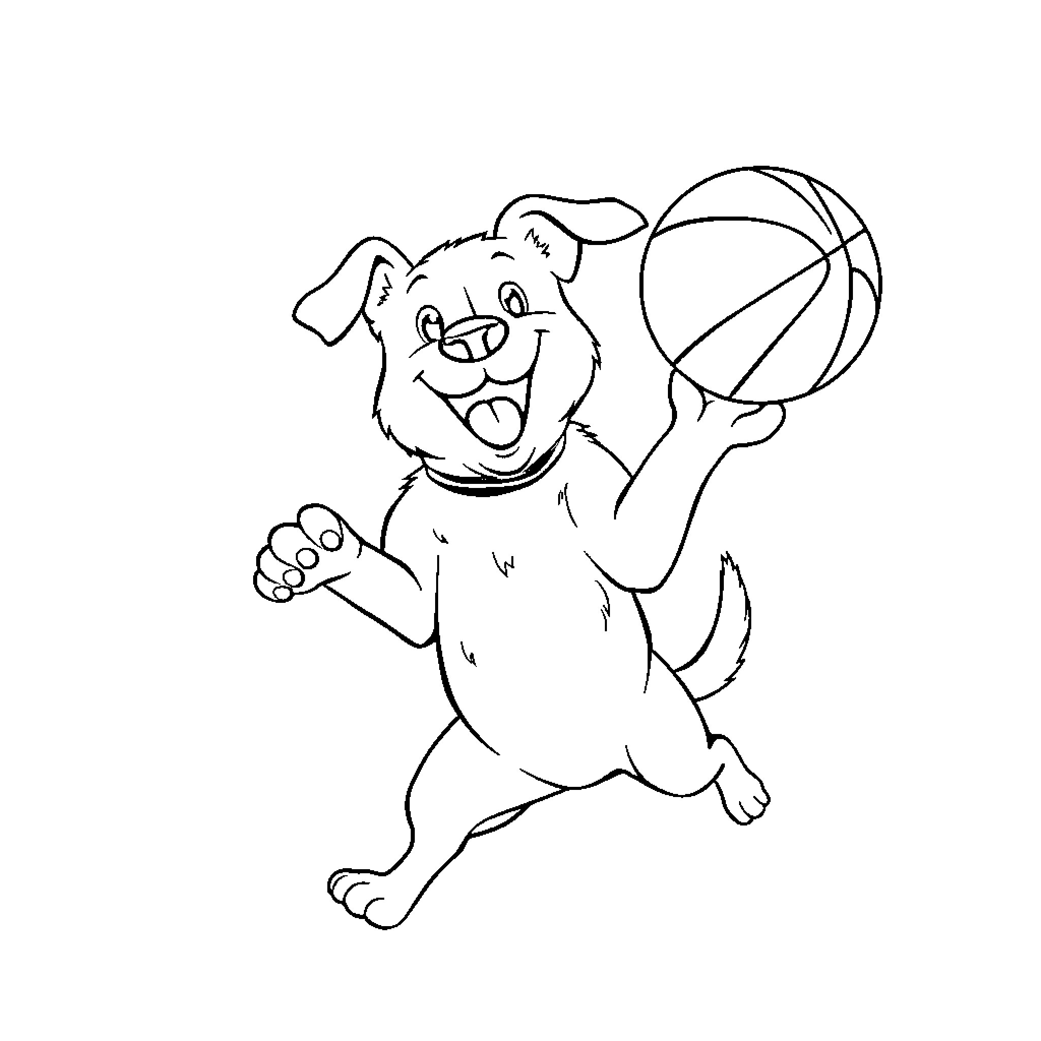 Dog playing joyfully with basketball Coloring Page (free black-and-white line drawing printable PDF for all, from beginners to advanced learners, including children, teens, adults, and seniors)