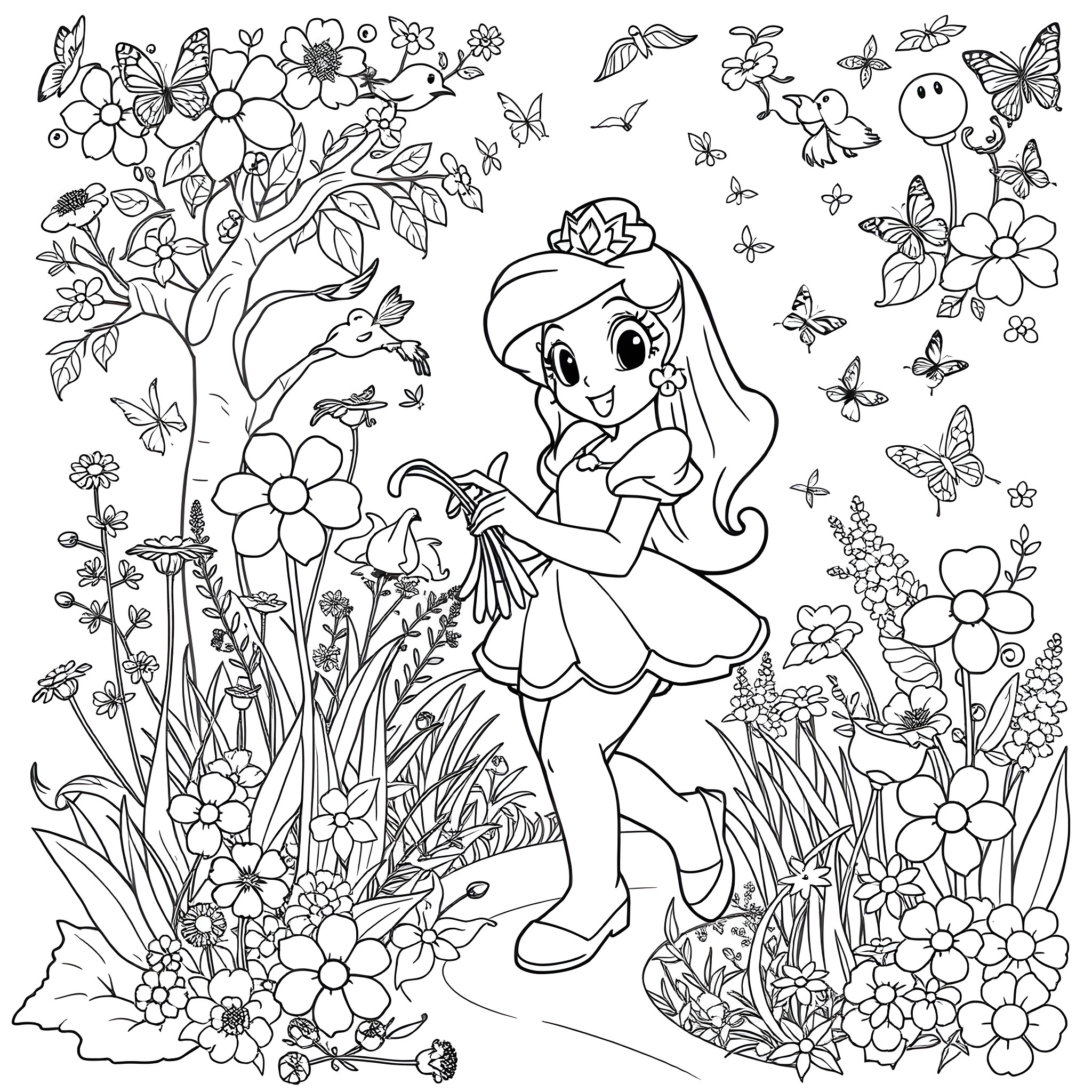 Princess Daisy exploring a vibrant floral garden Coloring Page (free black-and-white line drawing printable PDF for all, from beginners to advanced learners, including children, teens, adults, and seniors)