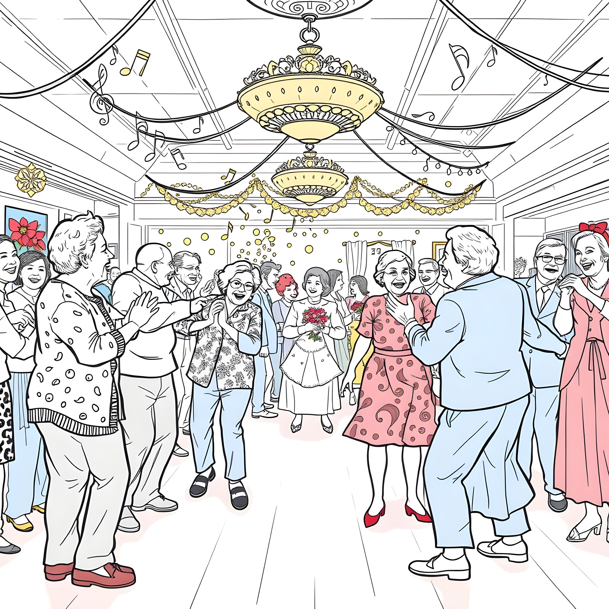 Senior Citizens Enjoying a Lively Celebration Coloring Page (free black-and-white line drawing printable PDF for all, from beginners to advanced learners, including children, teens, adults, and seniors)