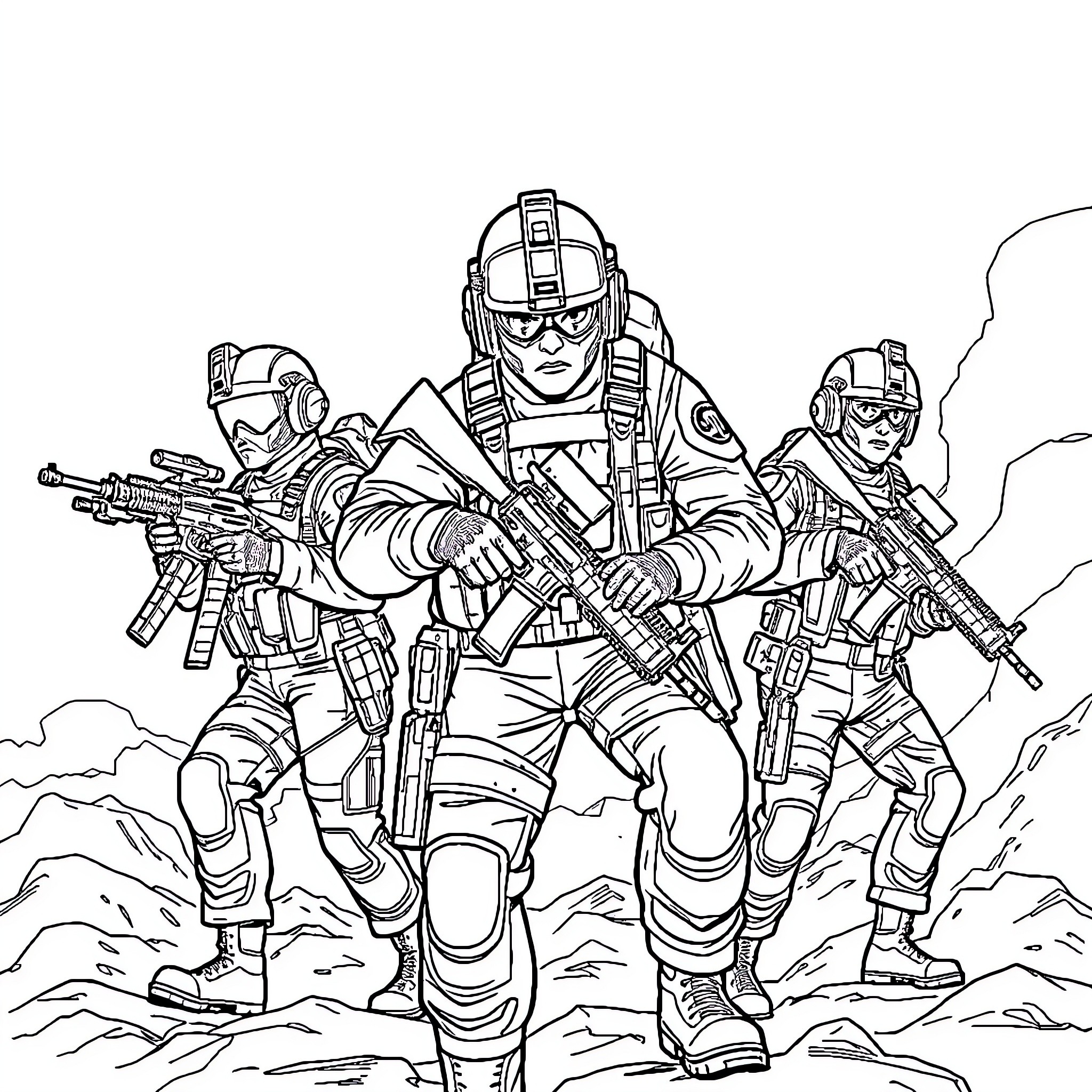 Deltaforce operatives in combat gear and equipment Coloring Page (free black-and-white line drawing printable PDF for all, from beginners to advanced learners, including children, teens, adults, and seniors)