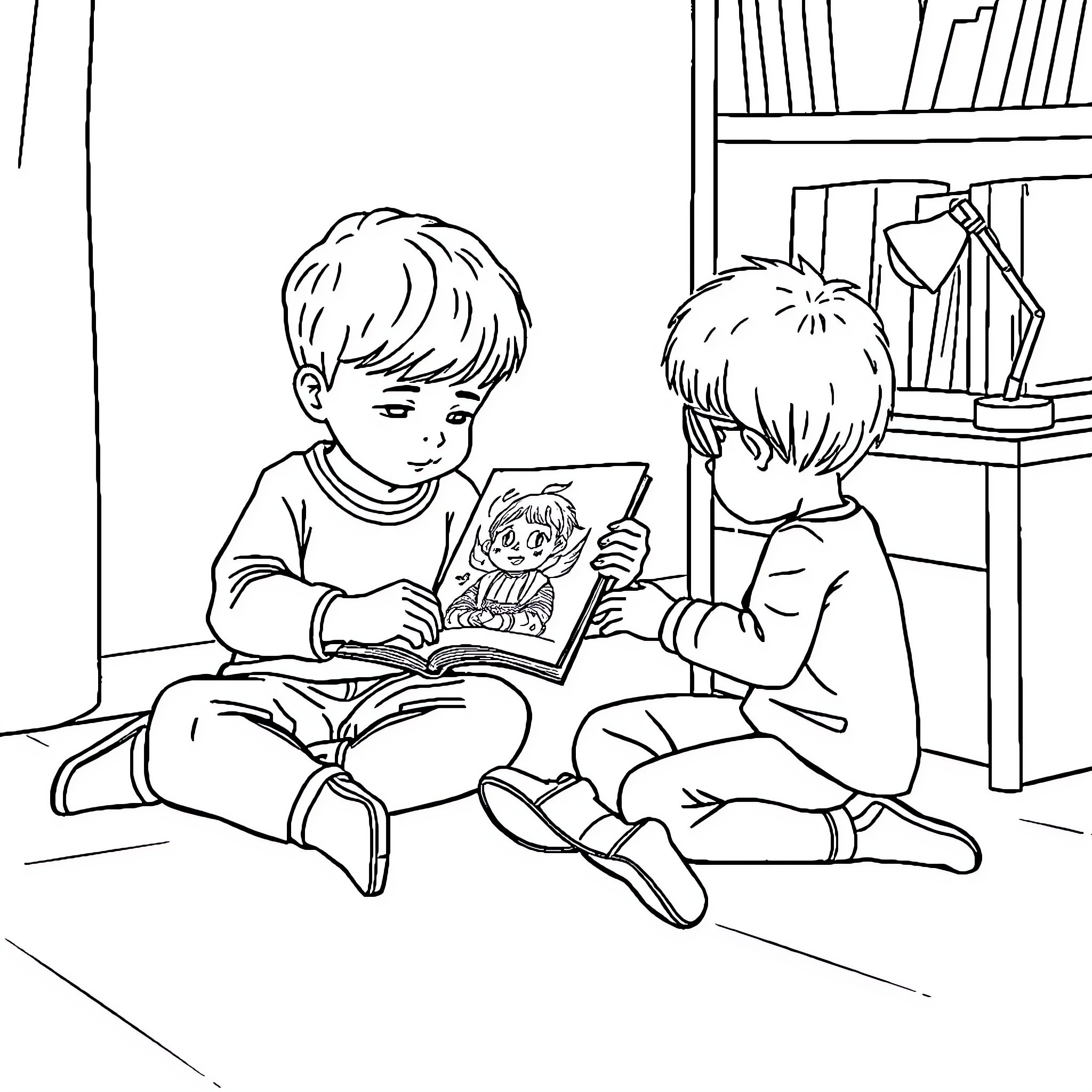 Child reading book with friend in room Coloring Page (free black-and-white line drawing printable PDF for all, from beginners to advanced learners, including children, teens, adults, and seniors)