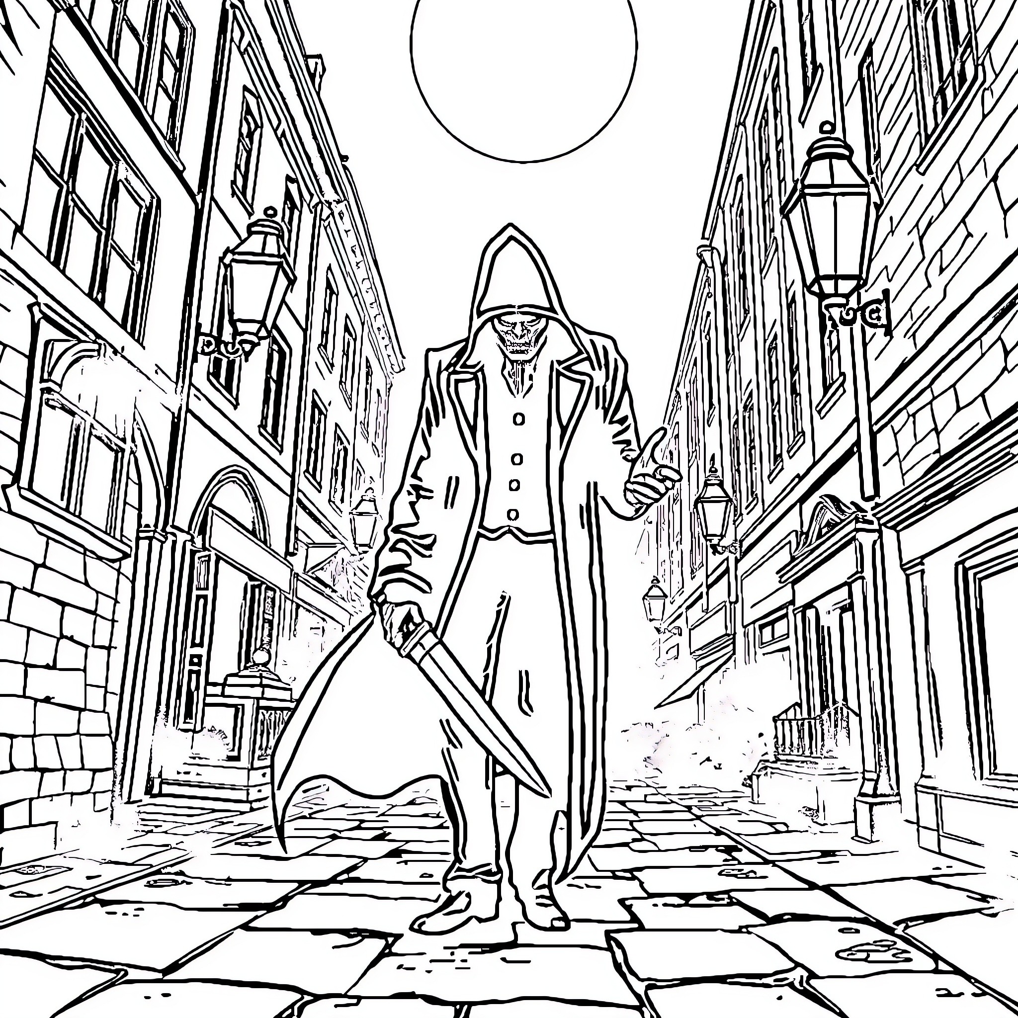 Jack the Ripper stalking the foggy streets at night Coloring Page (free black-and-white line drawing printable PDF for all, from beginners to advanced learners, including children, teens, adults, and seniors)