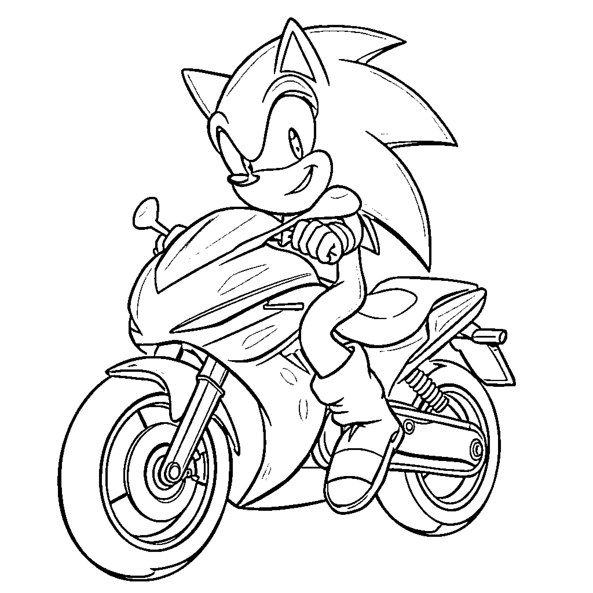 Sonic riding a motorcycle with enthusiasm Coloring Page (free black-and-white line drawing printable PDF for all, from beginners to advanced learners, including children, teens, adults, and seniors)