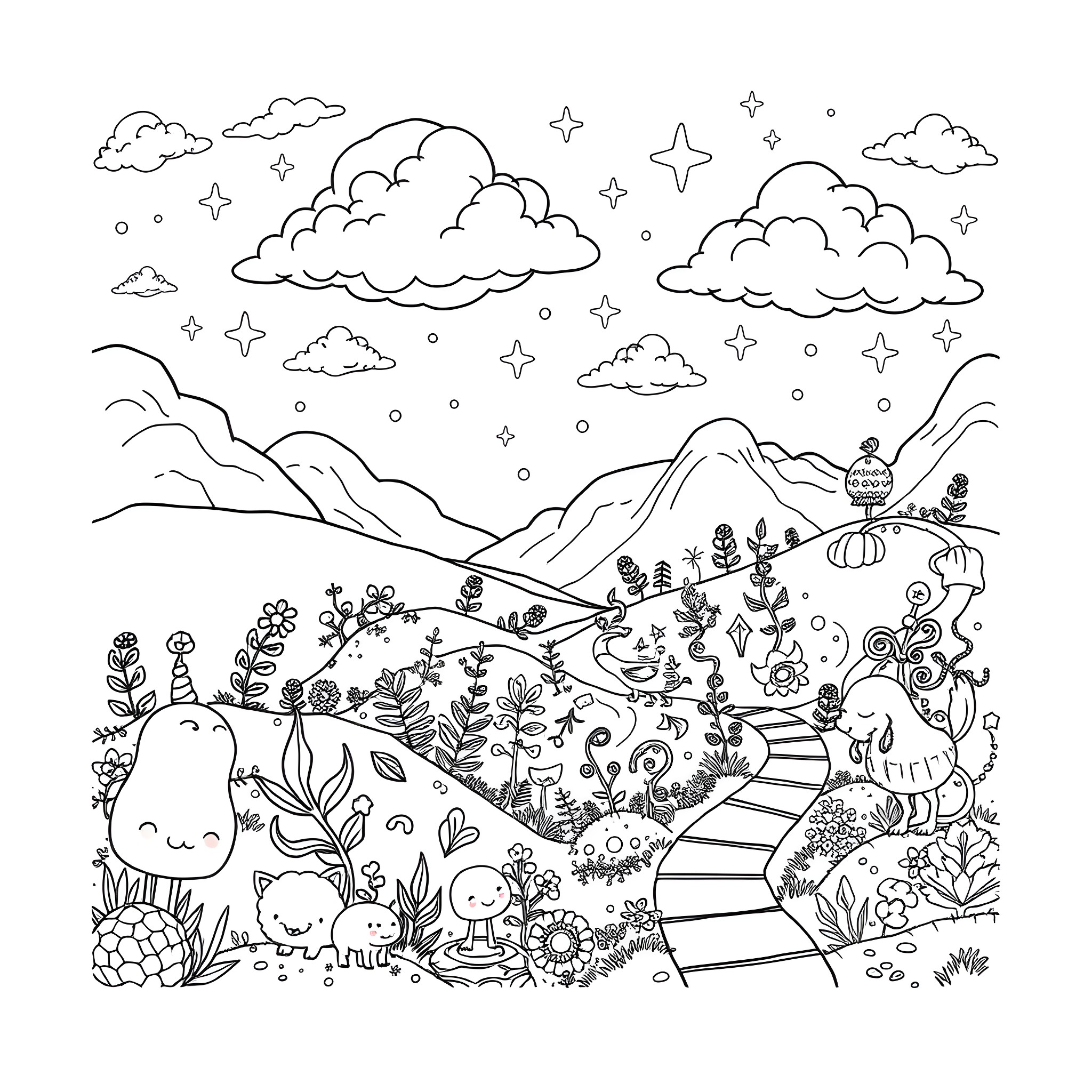 Dandy Fantasy Landscape with Whimsical Creatures Coloring Page (free black-and-white line drawing printable PDF for all, from beginners to advanced learners, including children, teens, adults, and seniors)