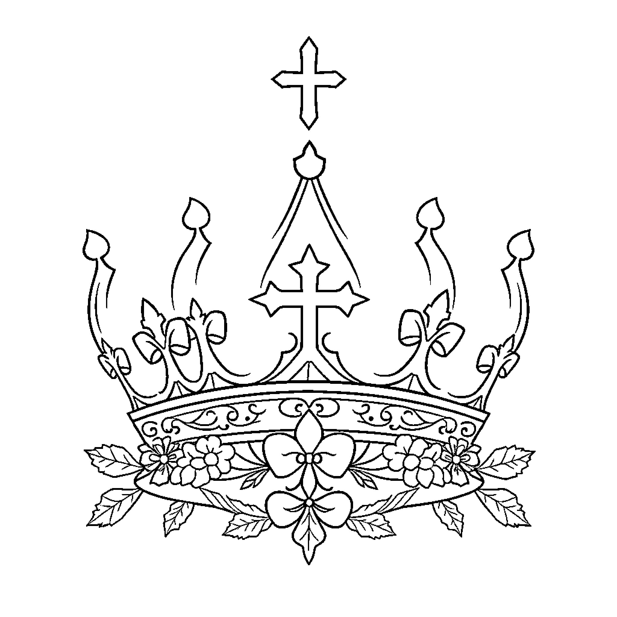 Crown with Floral Motifs and Crosses Coloring Page (free black-and-white line drawing printable PDF for all, from beginners to advanced learners, including children, teens, adults, and seniors)