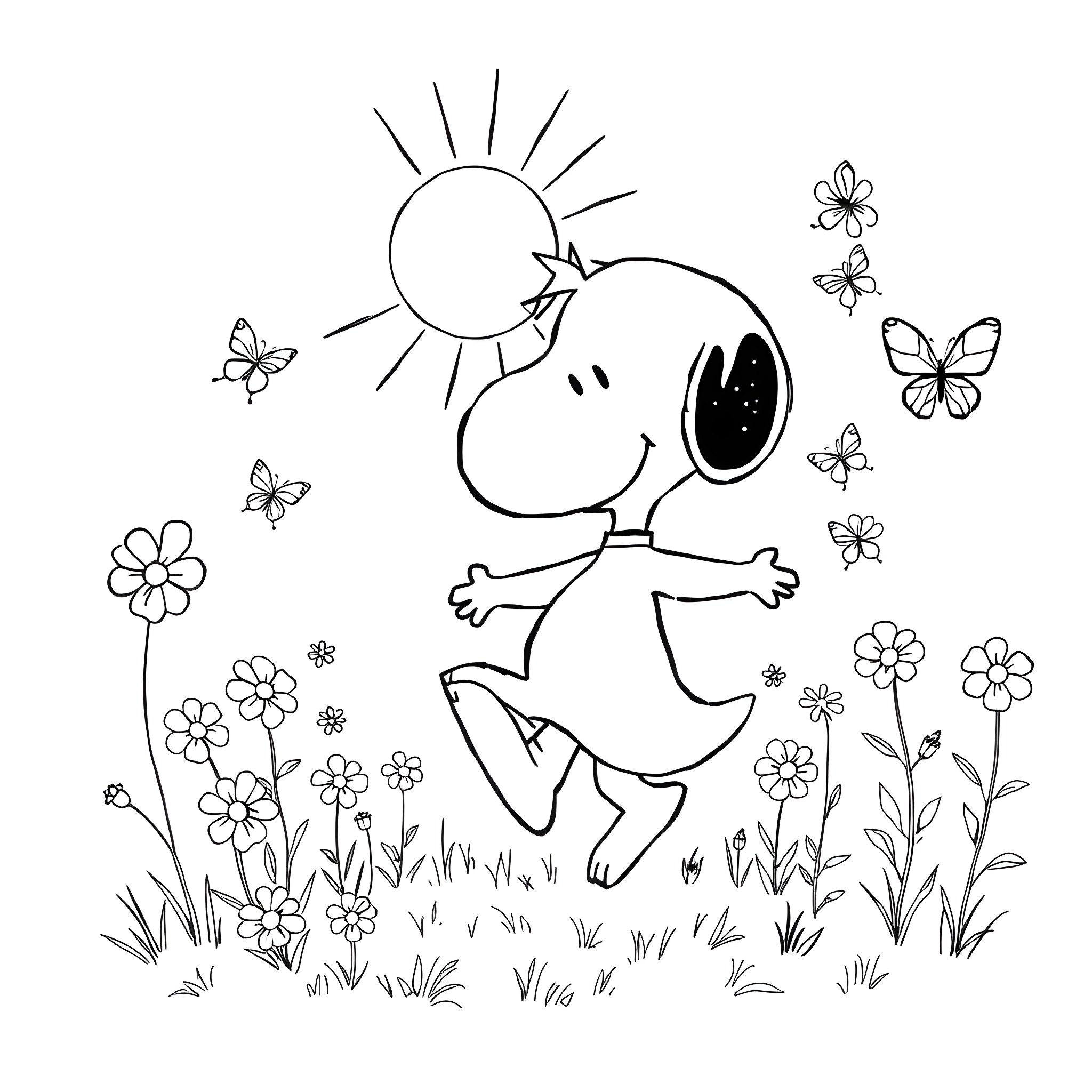 Bluey enjoying a sunny day with butterflies Coloring Page (free black-and-white line drawing printable PDF for all, from beginners to advanced learners, including children, teens, adults, and seniors)