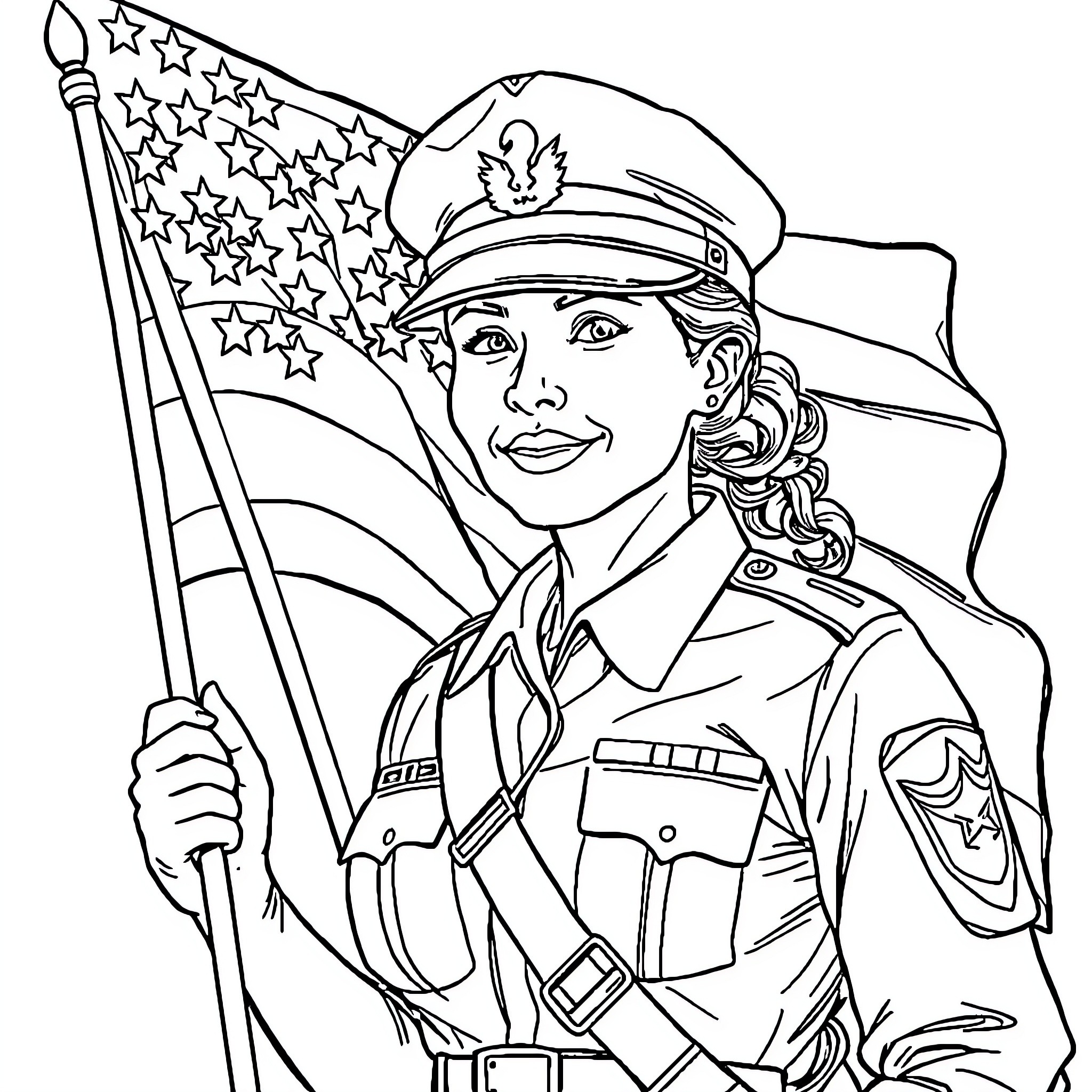 Army Mom Holding American Flag with Pride Coloring Page (free black-and-white line drawing printable PDF for all, from beginners to advanced learners, including children, teens, adults, and seniors)