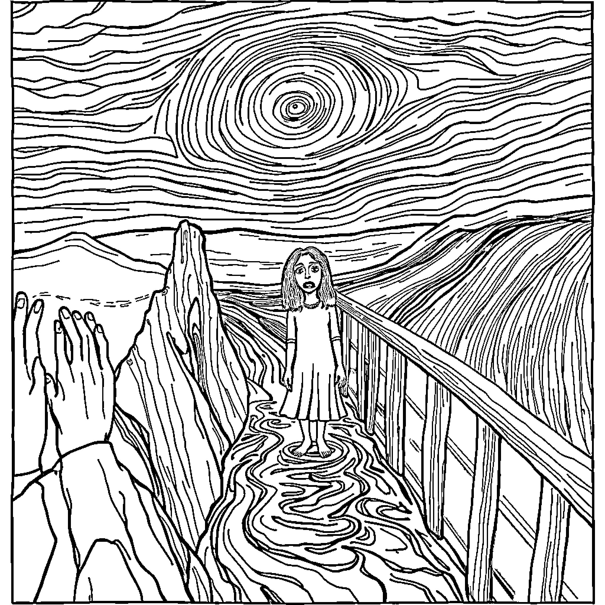 The Scream of Despair on the Narrow Bridge Coloring Page (free black-and-white line drawing printable PDF for all, from beginners to advanced learners, including children, teens, adults, and seniors)