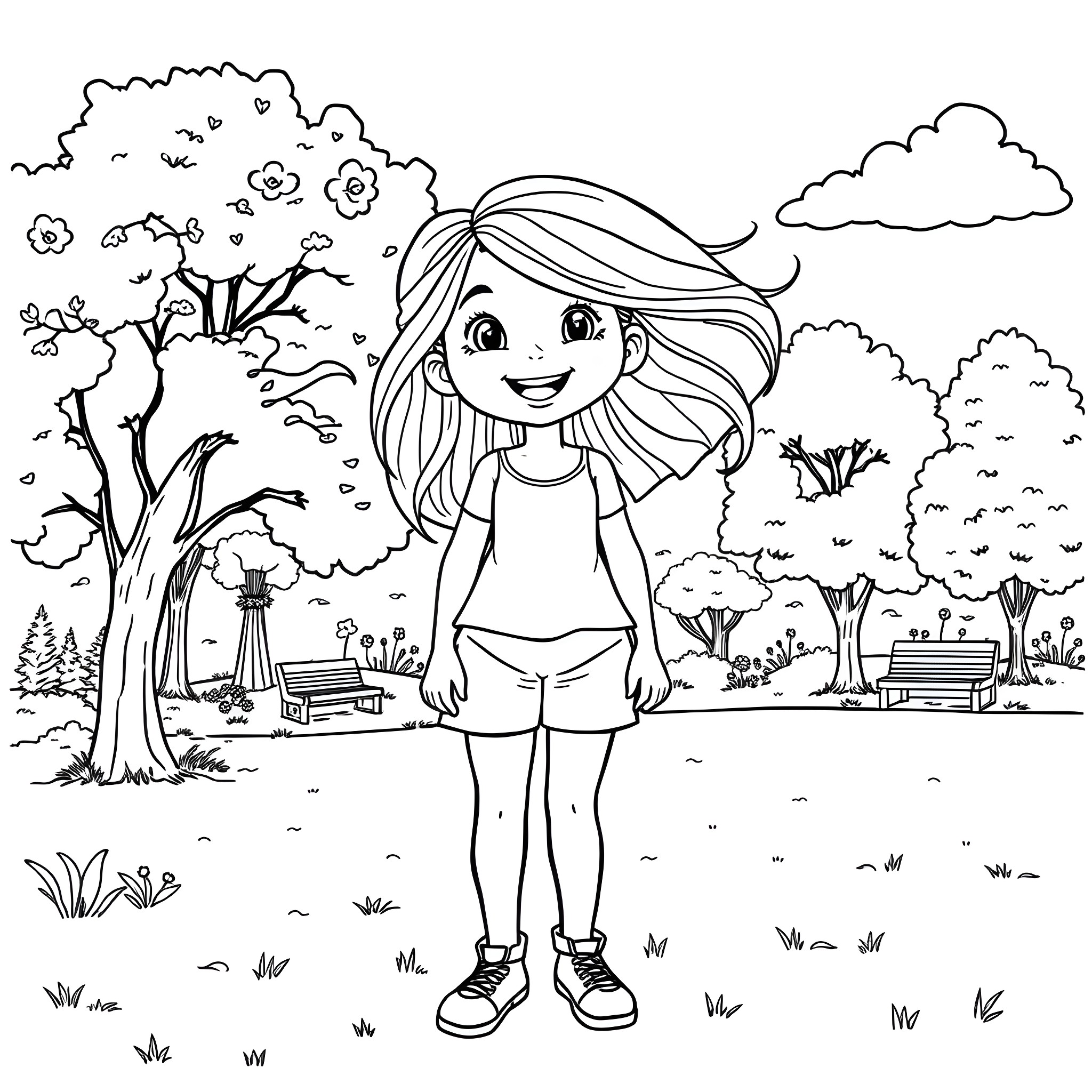 Kenzie explores the enchanting park Coloring Page (free black-and-white line drawing printable PDF for all, from beginners to advanced learners, including children, teens, adults, and seniors)