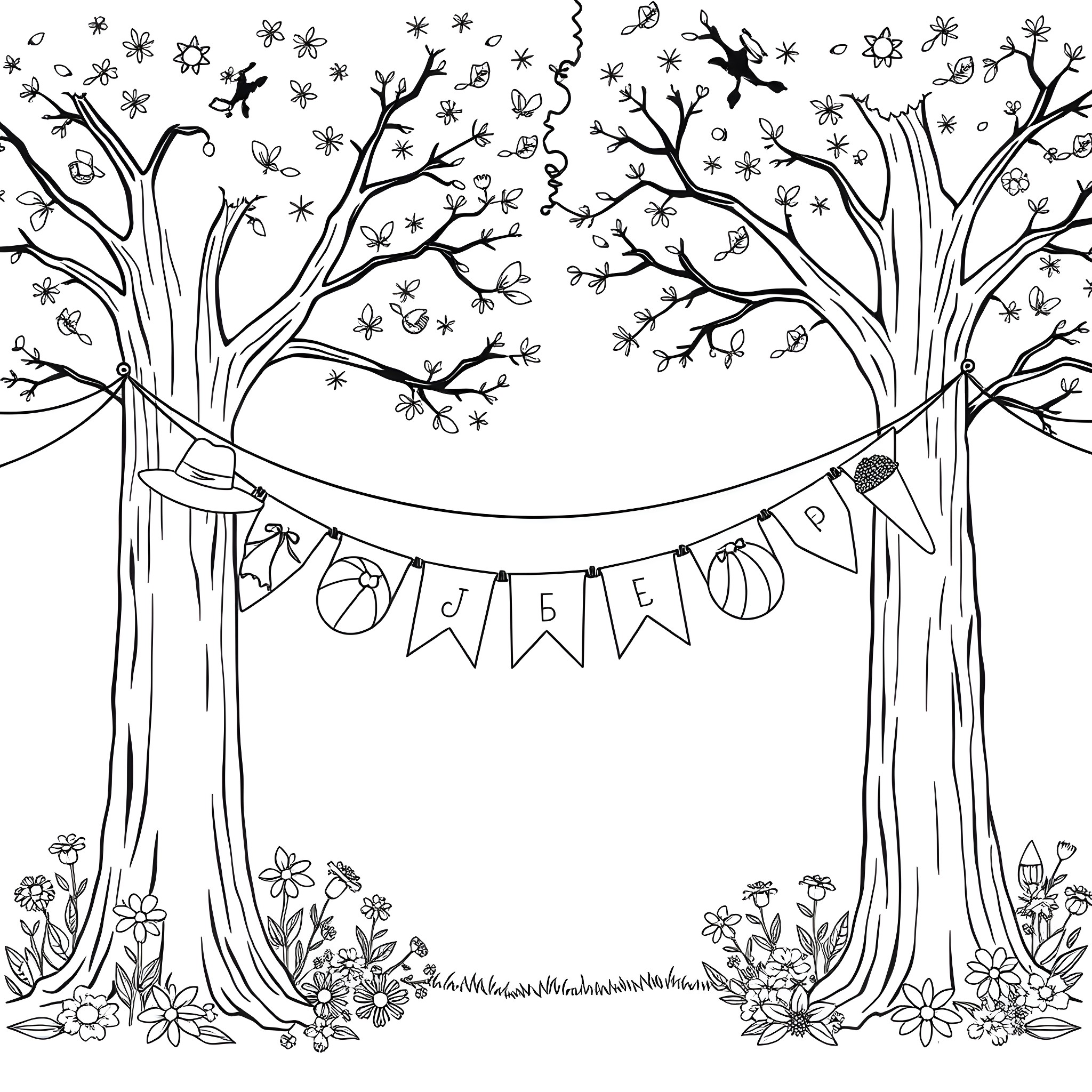 Bunting with Whimsical Trees and Flowers Coloring Page (free black-and-white line drawing printable PDF for all, from beginners to advanced learners, including children, teens, adults, and seniors)