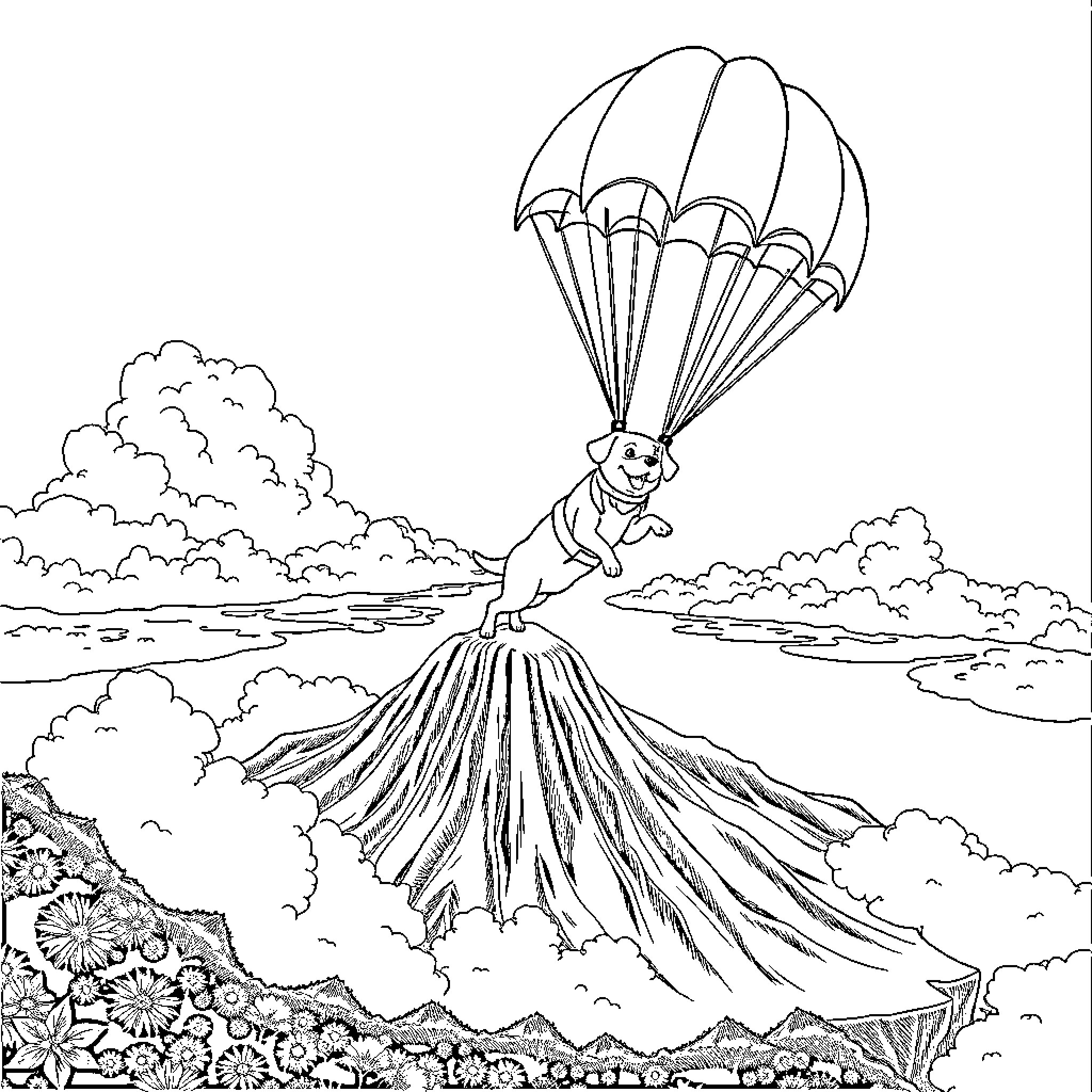 Dog skydiving over scenic landscape Coloring Page (free black-and-white line drawing printable PDF for all, from beginners to advanced learners, including children, teens, adults, and seniors)