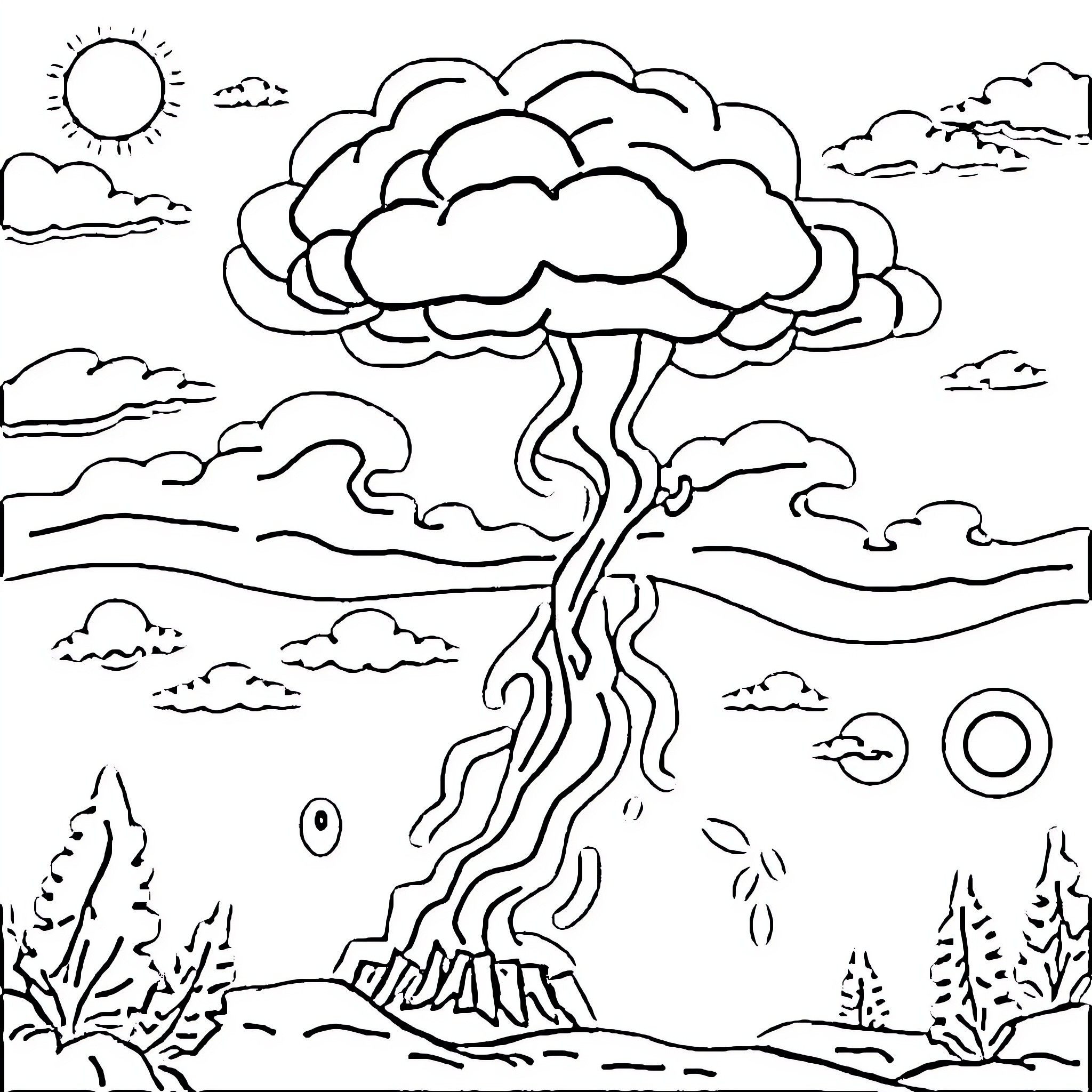 Meteorology: Storm Clouds and Lightning in the Landscape Coloring Page (free black-and-white line drawing printable PDF for all, from beginners to advanced learners, including children, teens, adults, and seniors)