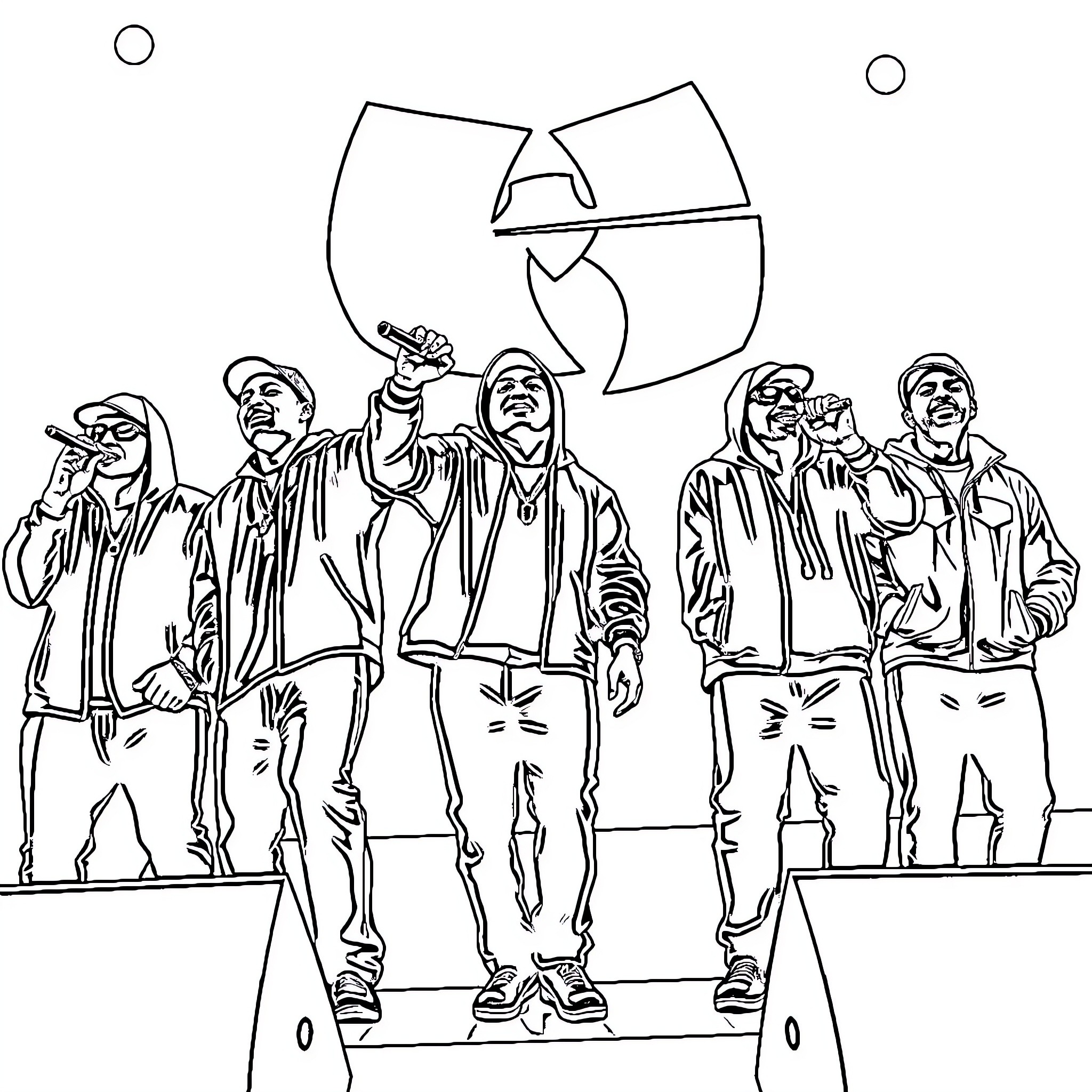 Wu Tang Clan Performing on Stage Coloring Page (free black-and-white line drawing printable PDF for all, from beginners to advanced learners, including children, teens, adults, and seniors)