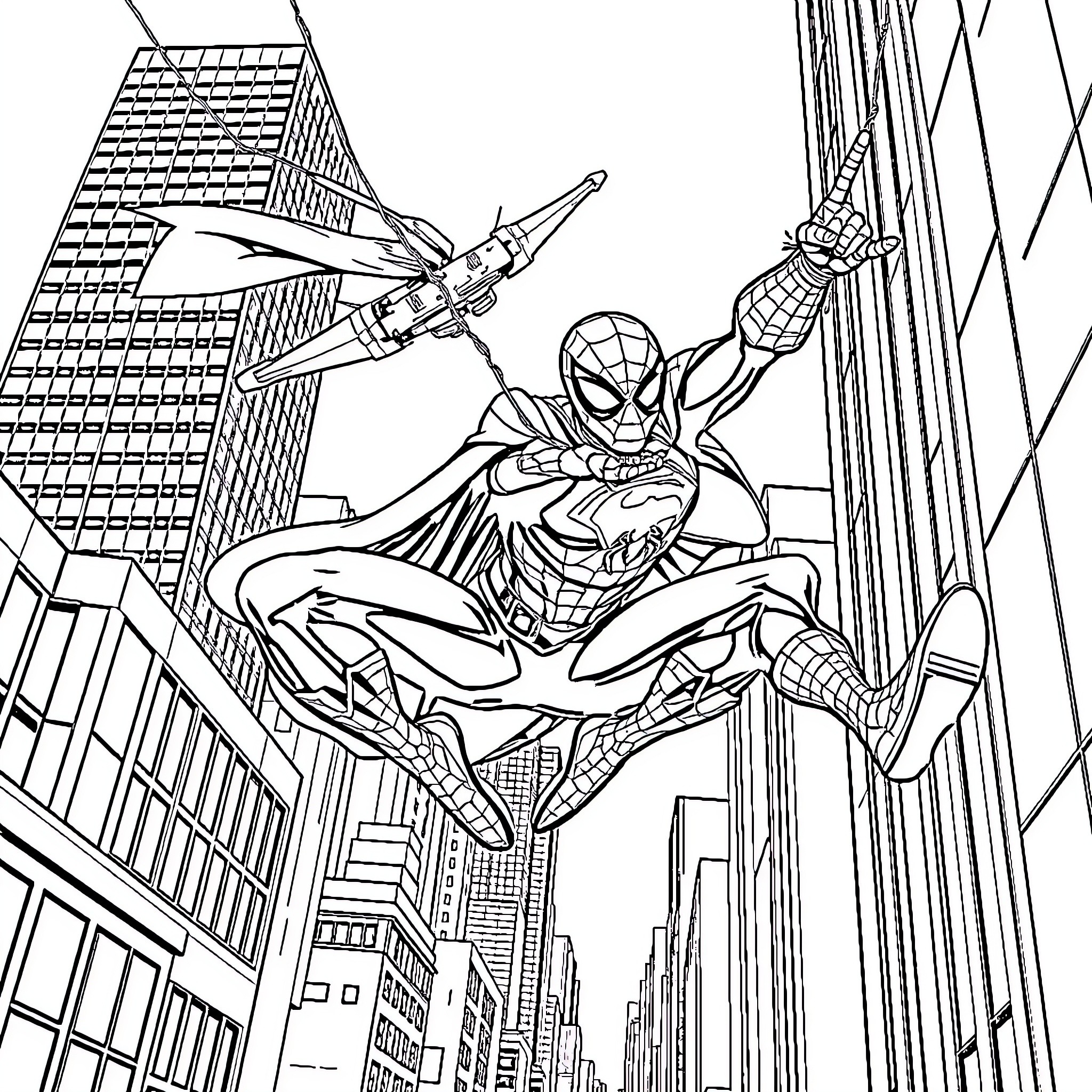 Spiderman swinging through the city skyline Coloring Page (free black-and-white line drawing printable PDF for all, from beginners to advanced learners, including children, teens, adults, and seniors)