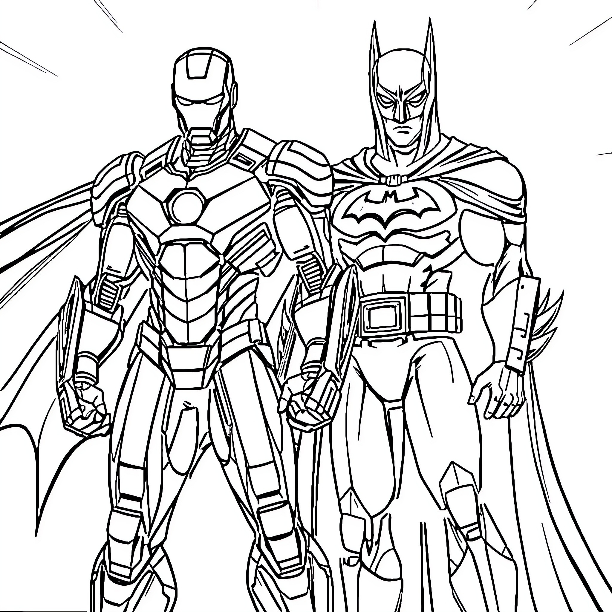 Iron Man and Batman in heroic poses Coloring Page (free black-and-white line drawing printable PDF for all, from beginners to advanced learners, including children, teens, adults, and seniors)