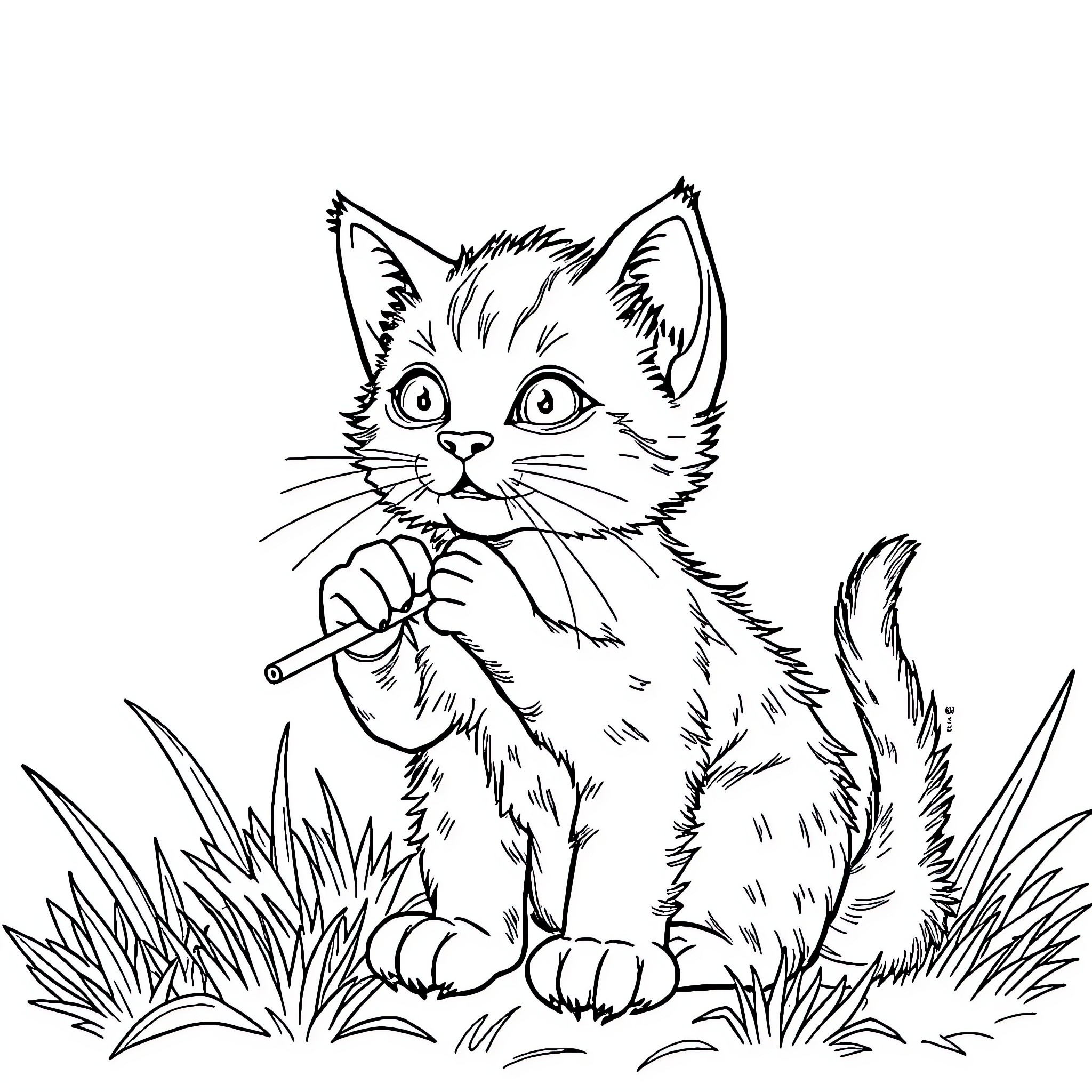 Kitten playing with a stick in the grass Coloring Page (free black-and-white line drawing printable PDF for all, from beginners to advanced learners, including children, teens, adults, and seniors)