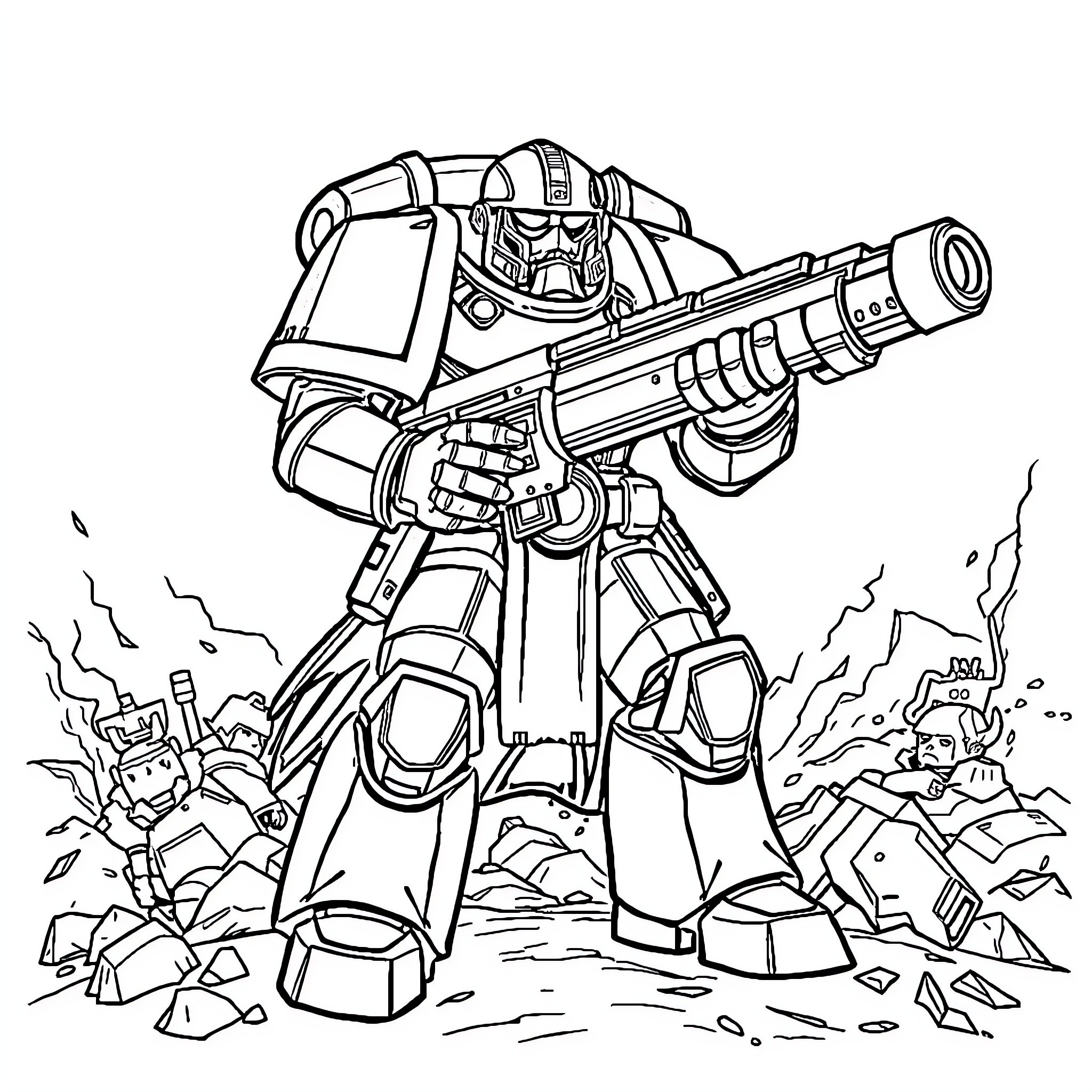 Astartes warrior on the battlefield Coloring Page (free black-and-white line drawing printable PDF for all, from beginners to advanced learners, including children, teens, adults, and seniors)