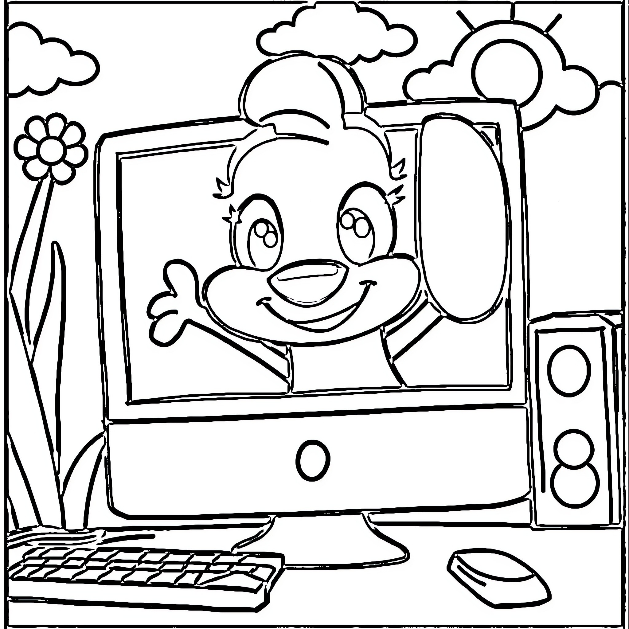 Blue Happy Computer Character Smiling Coloring Page (free black-and-white line drawing printable PDF for all, from beginners to advanced learners, including children, teens, adults, and seniors)