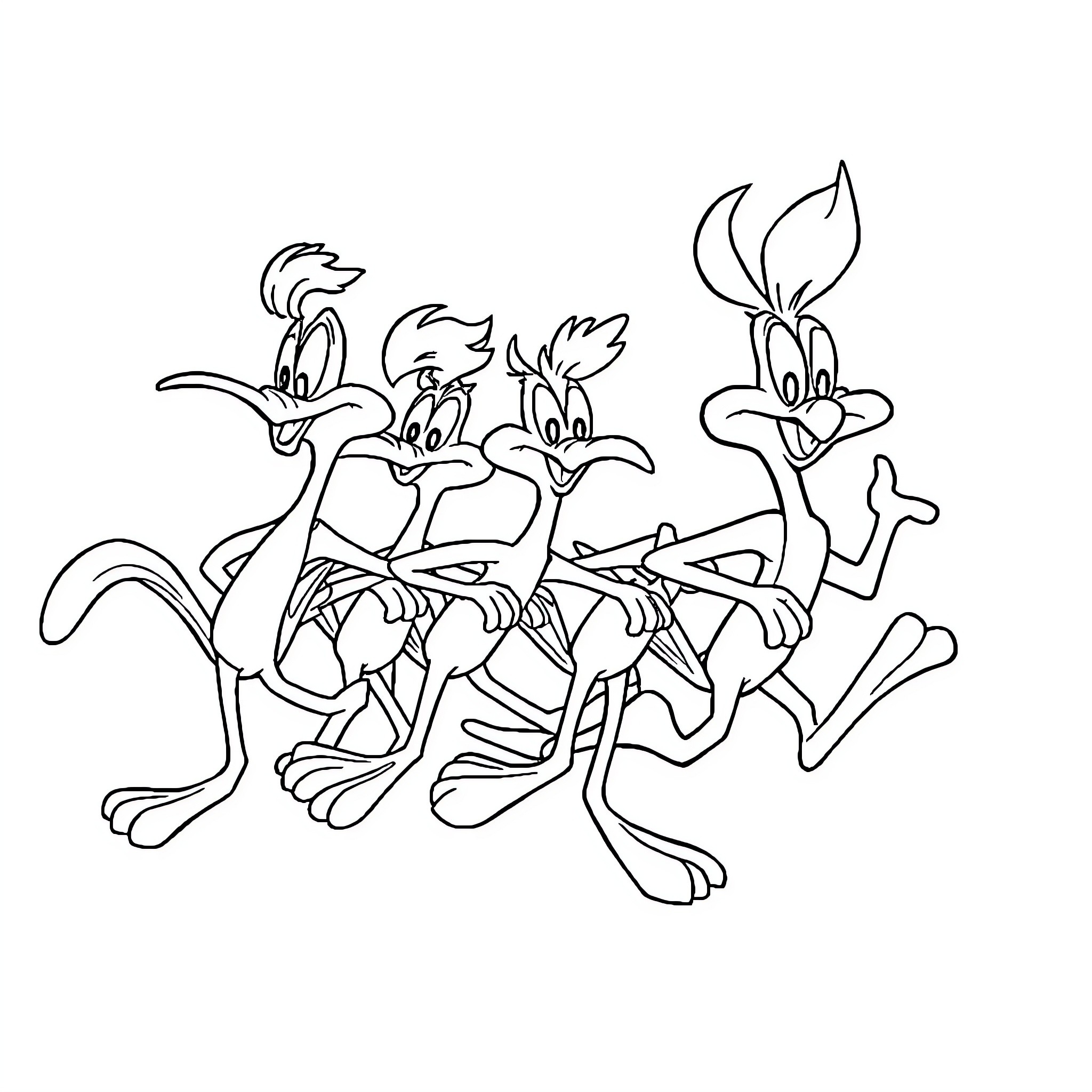 Roadrunner cartoon characters in action poses Coloring Page (free black-and-white line drawing printable PDF for all, from beginners to advanced learners, including children, teens, adults, and seniors)