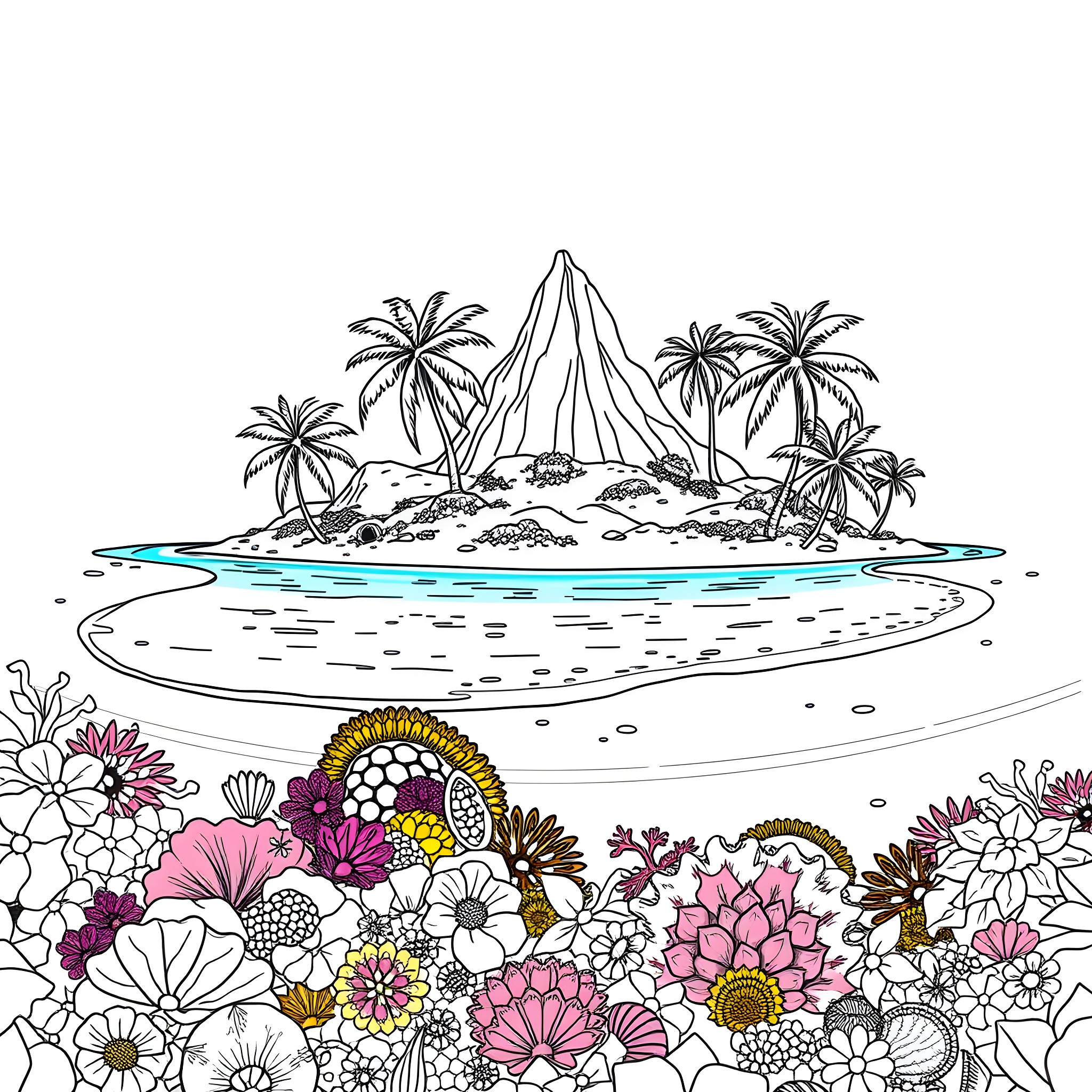 Carabuan Island with tropical flowers and palm trees Coloring Page (free black-and-white line drawing printable PDF for all, from beginners to advanced learners, including children, teens, adults, and seniors)